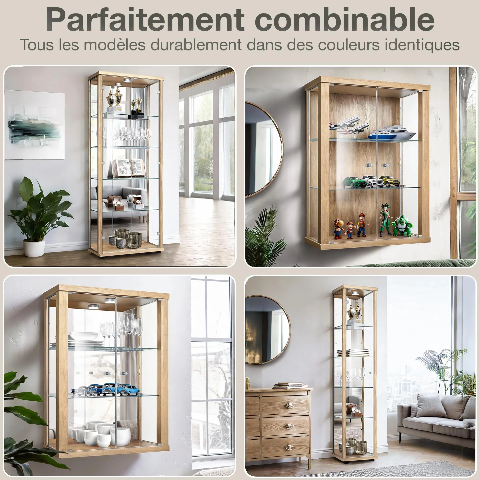 Vitrine Murale Verre (80x60x25cm) - Fabriqué en Allemagne - Petite Vitrine en Verre Suspendue avec 2 étagères réglables en Verre trempé (ESG) in Hêtre - armoires vitrées de présentation