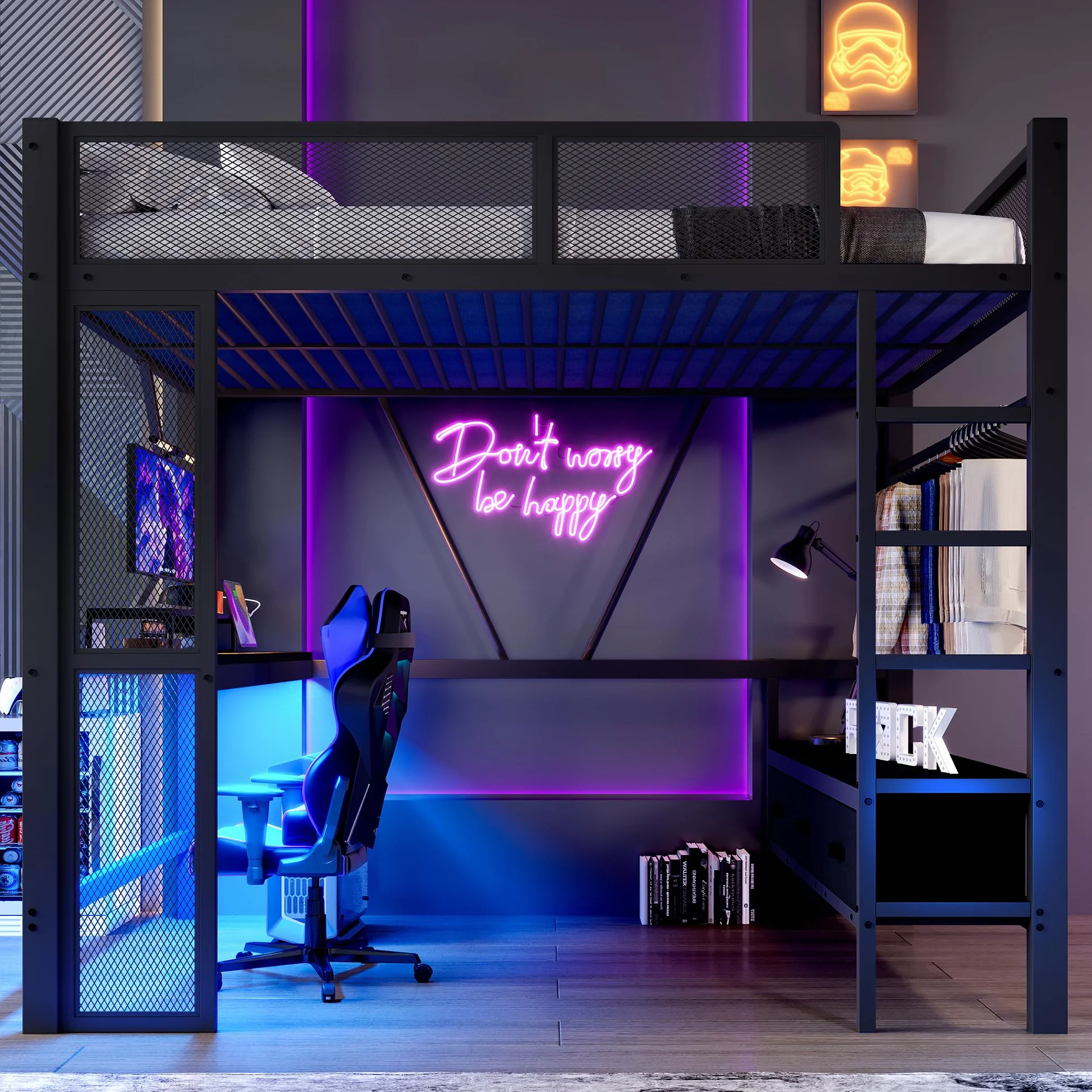 Sapgaks Lit Mezzanine 2 Places 140x200 avec LED et USB, Lit Enfant en Métal avec Bureau et Armoire Ouverte, Lit Mezzanine Enfant avec 3 Tiroirs à Linge, Lit 140x200 avec Rambarde, Noir