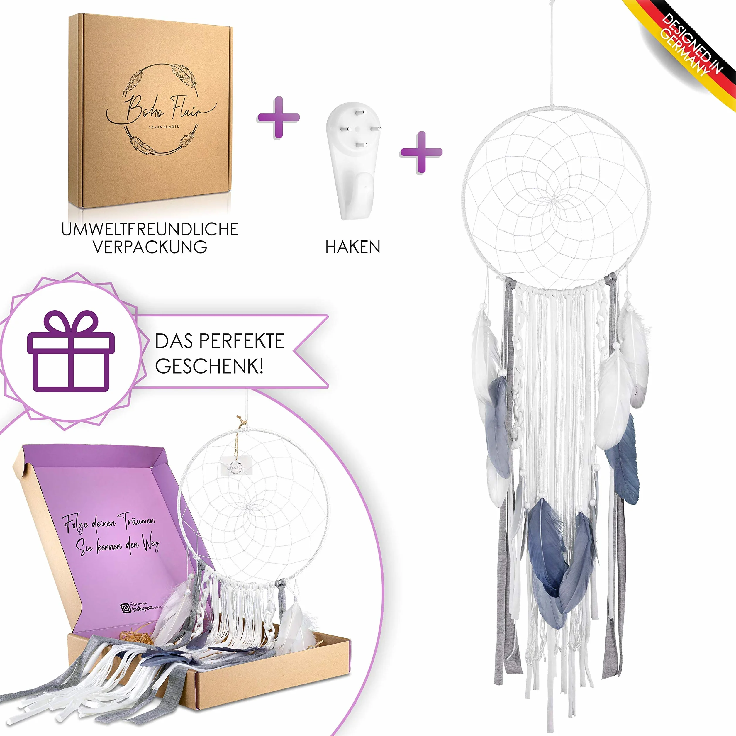 Attrape-rêves bohème XXL plumes perles 25 cm 80 cm blanc/gris