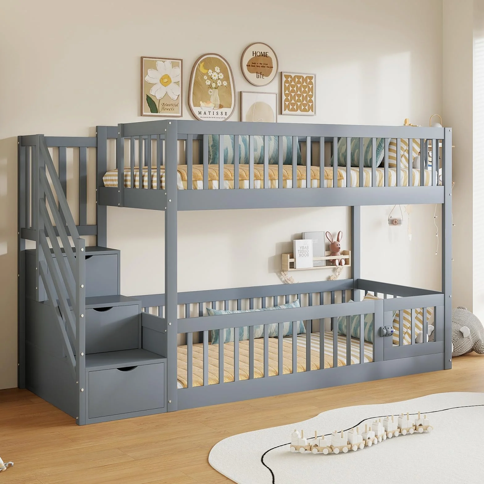 Sweiko Lit superposé 90x200 cm avec échelle de sécurité et tiroirs, lit Simple en Bois avec Espace de Rangement, idéal pour Les Enfants et Les Adolescents,Grey