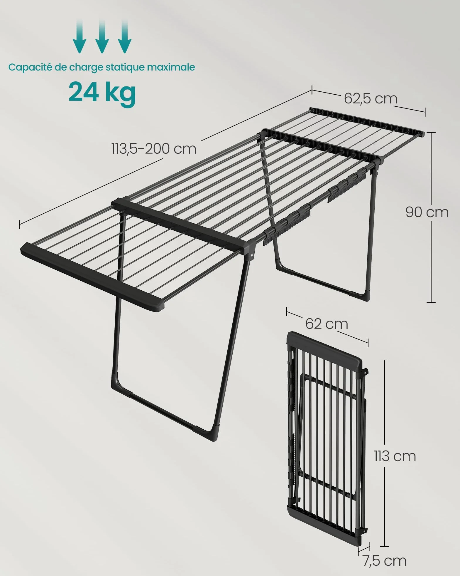 SONGMICS Étendoir à Linge, Séchoir sur Pied, Ailes Extensibles, 22 m de Longueur d’Étendage, avec Porte-Chaussettes, Pliable, Noir LLR522BH01