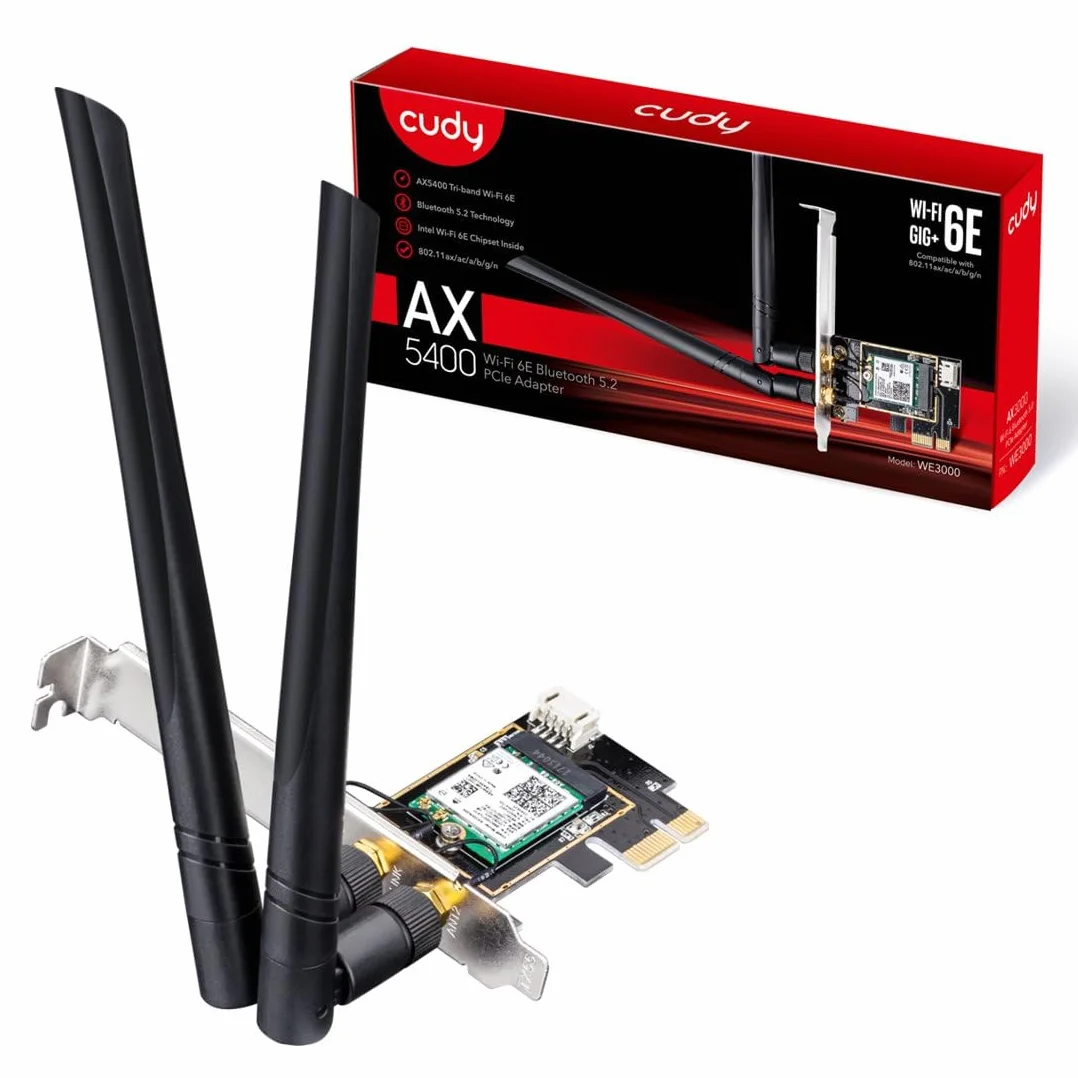 Cudy WE3000 AX 3000 Mbps bezprzewodowa karta WiFi 6 PCIe do komputera, moduł Bluetooth 5.0 wewnątrz, 2402 Mb/s 574 Mbps, Bluetooth 5.0/4.2/4.0, 802.11ax/ac/a/b/g/n Windows 10 64-bit czarny