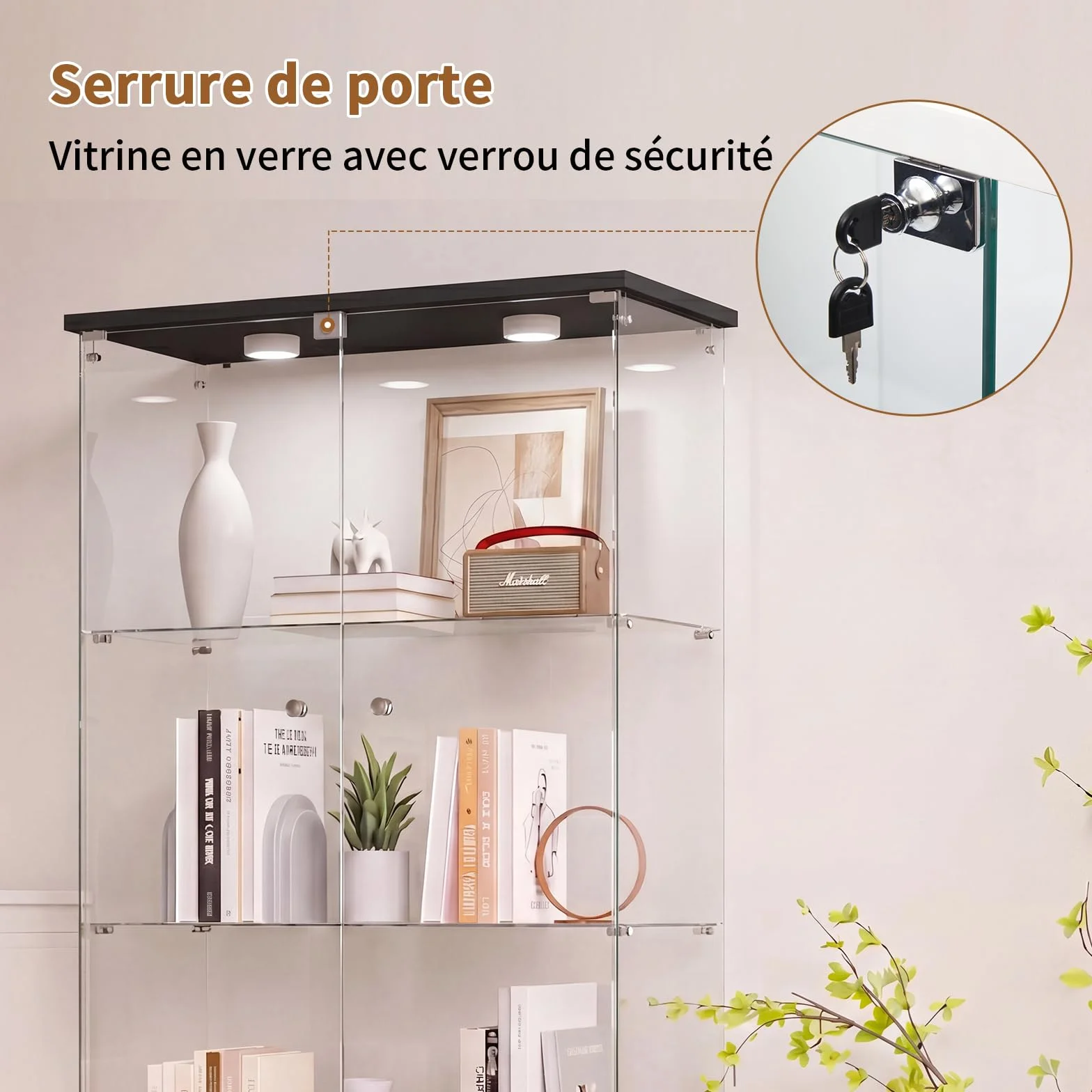 Vitrine en Verre à Miroir avec 4 Étagères, 2 Portes, 164 × 80,5 × 36,5 cm, Collection d'Exposition à Colonne pour Salon avec LED