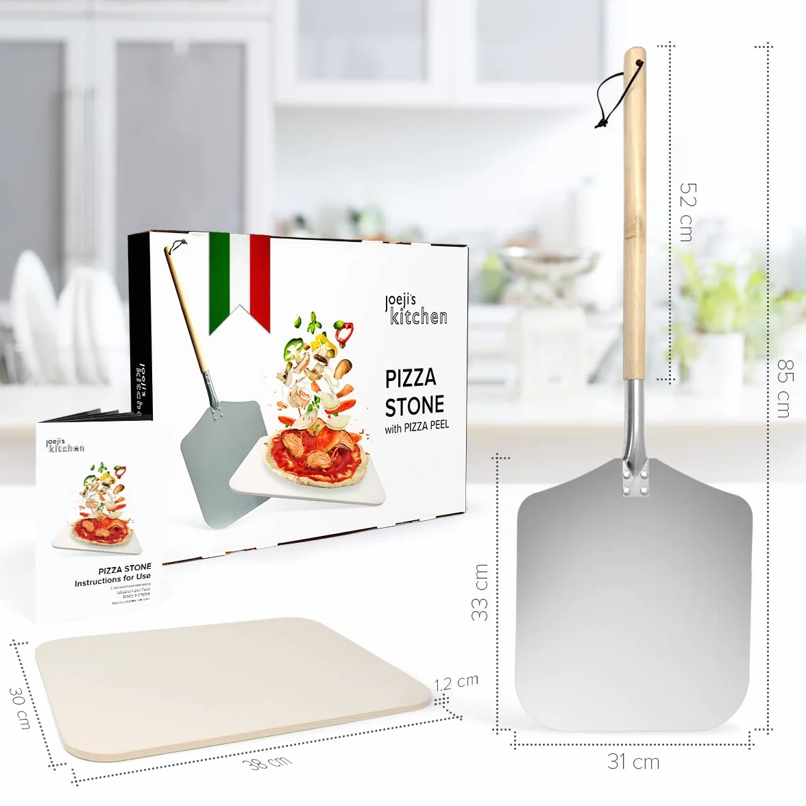 joeji's Kitchen Pierre à Pizza Cordiérite 30 x 38 cm & Pelle Aluminium Manche Bois Amovible - Grill et Barbecue