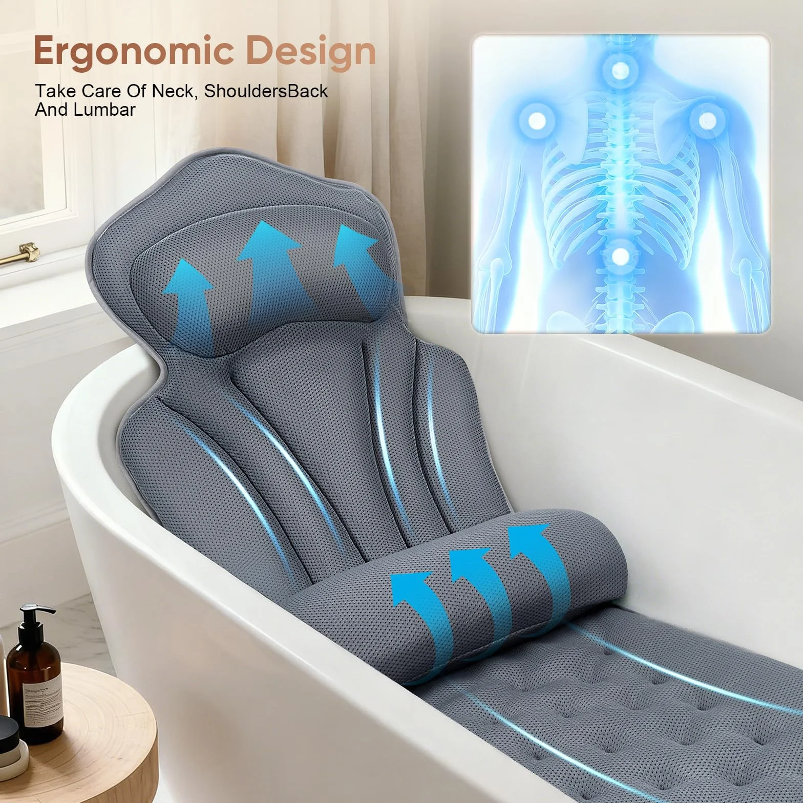 Coussin Baignoire Corps Complet 4D, Matelas de Bain, Oreiller Baignoire avec Appui-tête et Coussin supplémentaire Amovible 133 x 41 cm et Sac de Toilette
