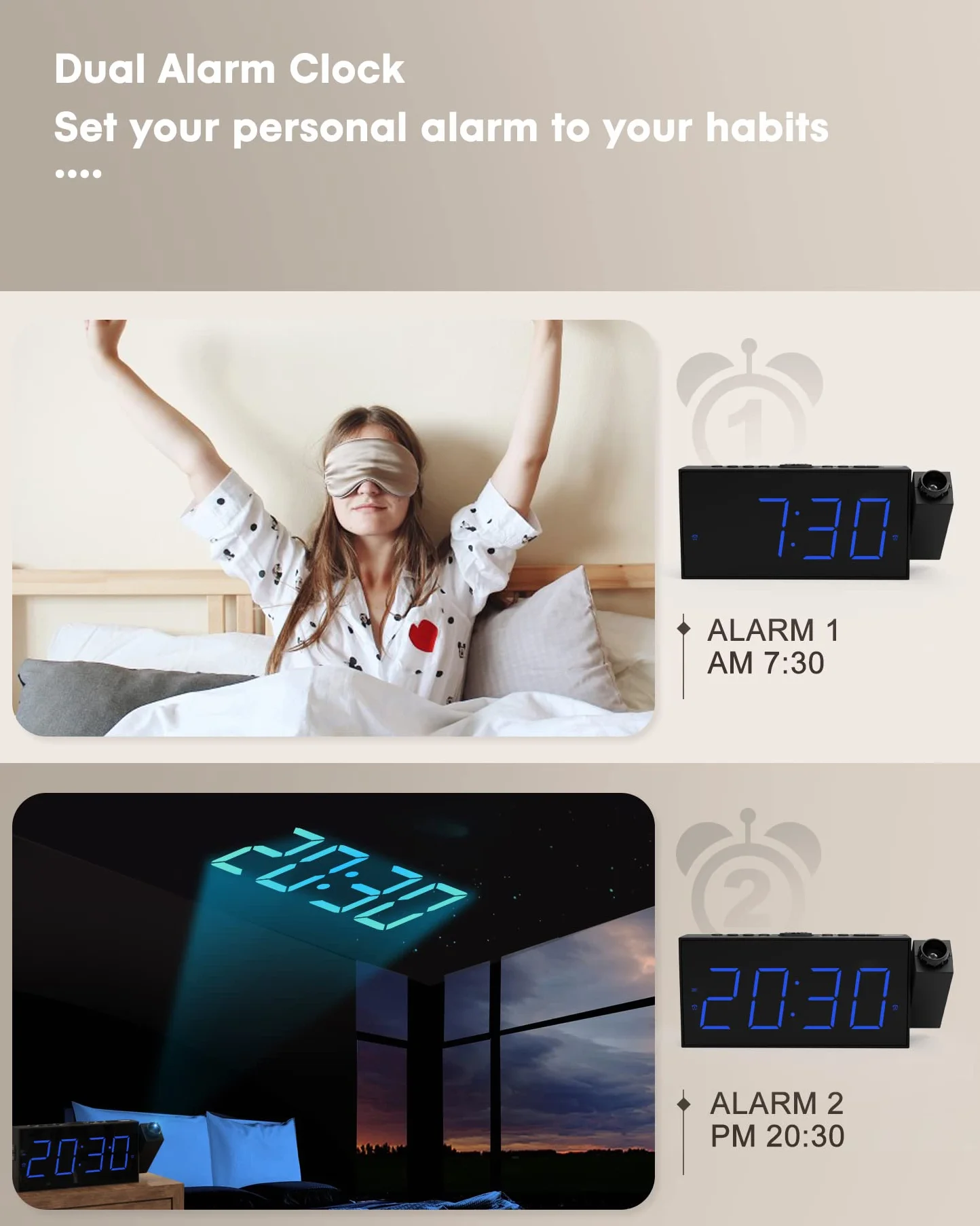 ROCAM Réveil Projecteur Plafond, Horloge Projection, Grand Écran, 5 Niveaux Luminosité Réglable, Snooze, DST