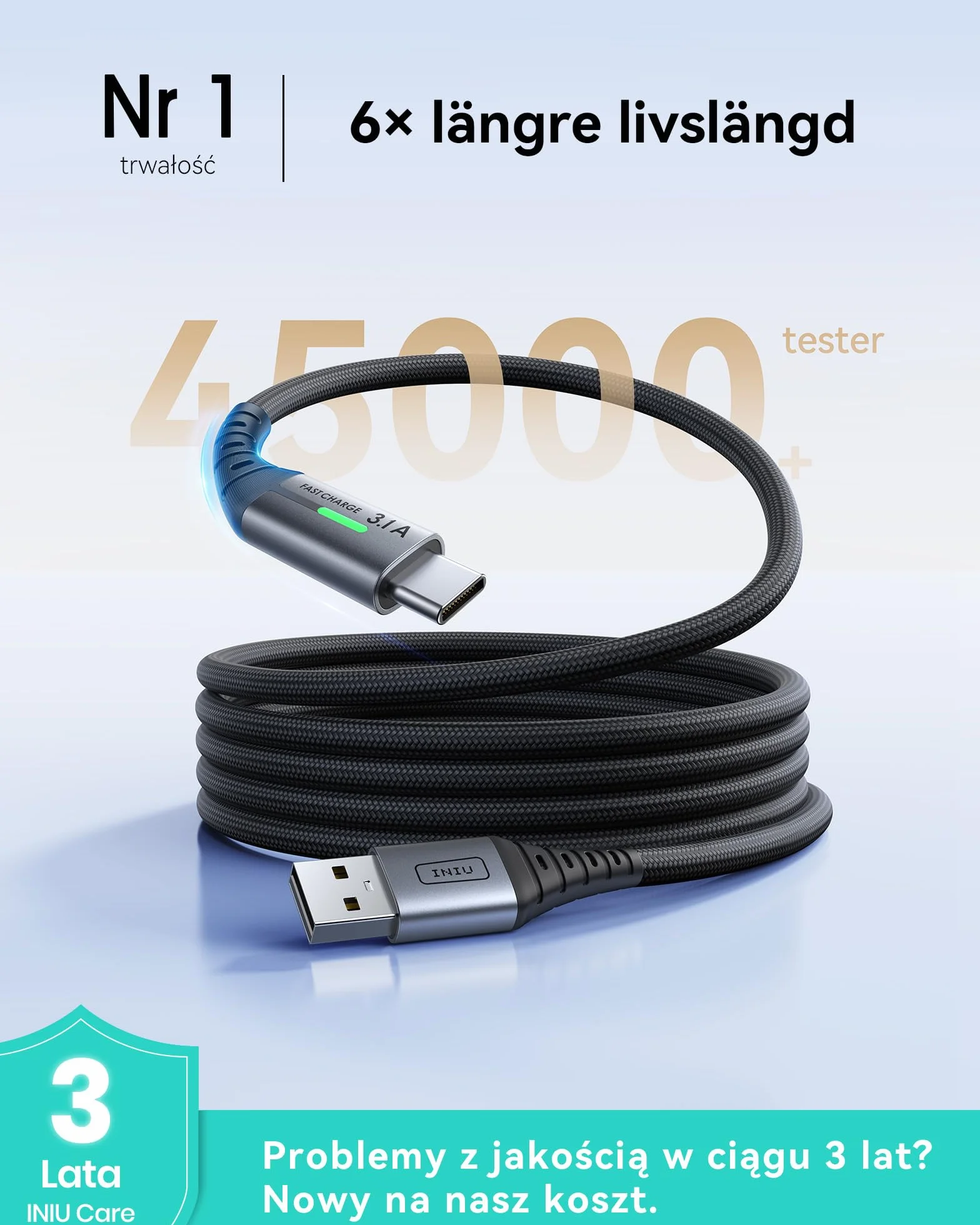 INIU Kabel USB C, [2m/3.1A] Kabel Ładowarki Typu C Szybkie Ładowanie, Pleciony Kabel Danych USB-C ze Stopu Cynku, Charging Cable for iPhone 16 15 iPad Samsung S24 S23 S22 S21 Google Huawei Xiaomi etc