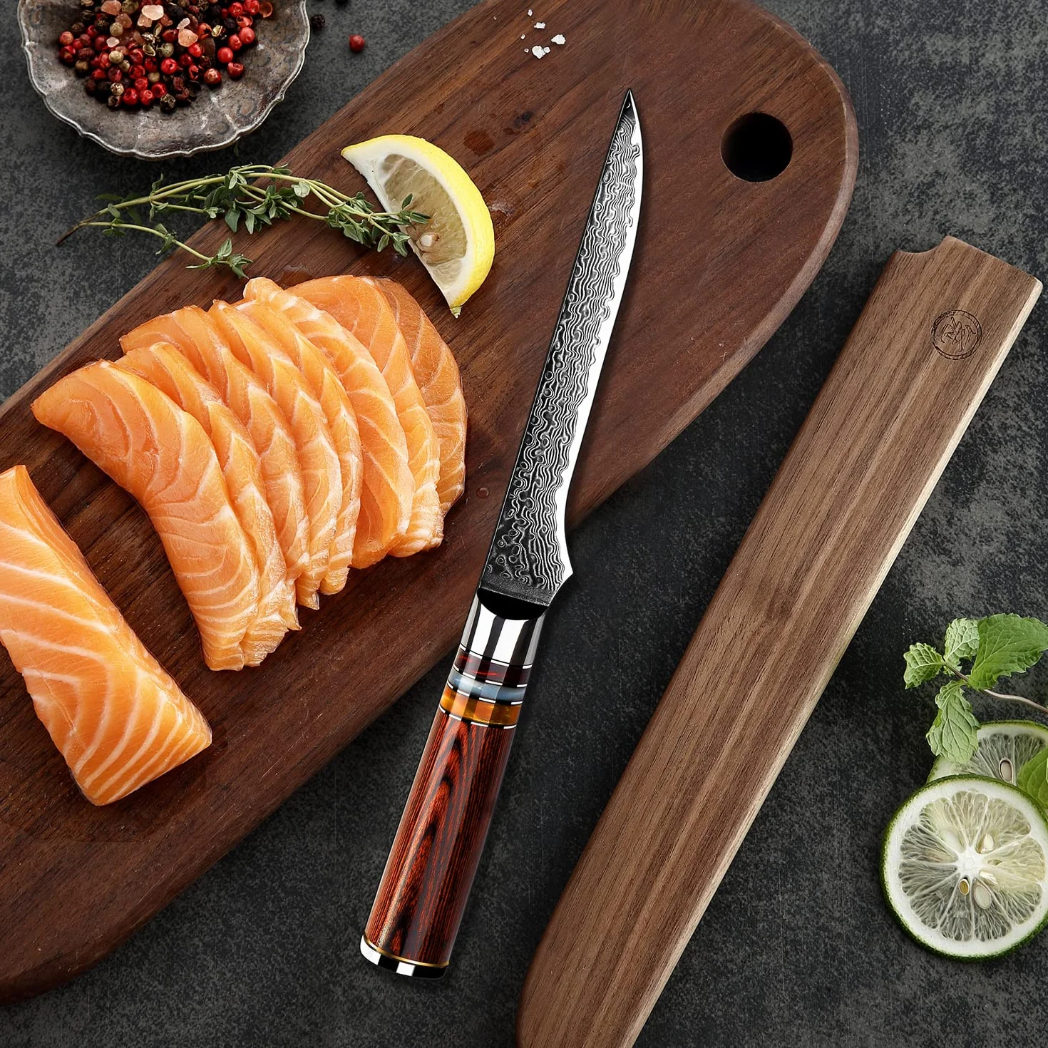 Fanteck Couteau de cuisine professionnel à 67 couches en acier damassé, manche ergonomique 14 cm