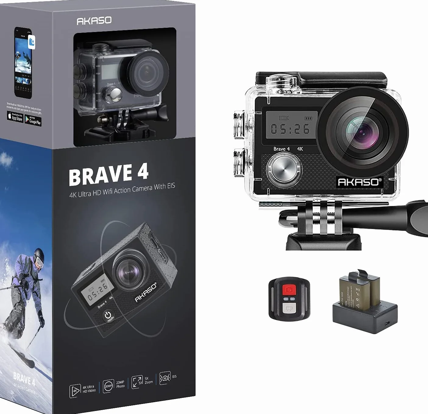 AKASO Kamera sportowa 4K 20MP / kamera podwodna ze stabilizacją obrazu, zoomem, nagrywanie poklatkowe, 30 m z pilotem zdalnego sterowania, 2 akumulatory i zestaw akcesoriów