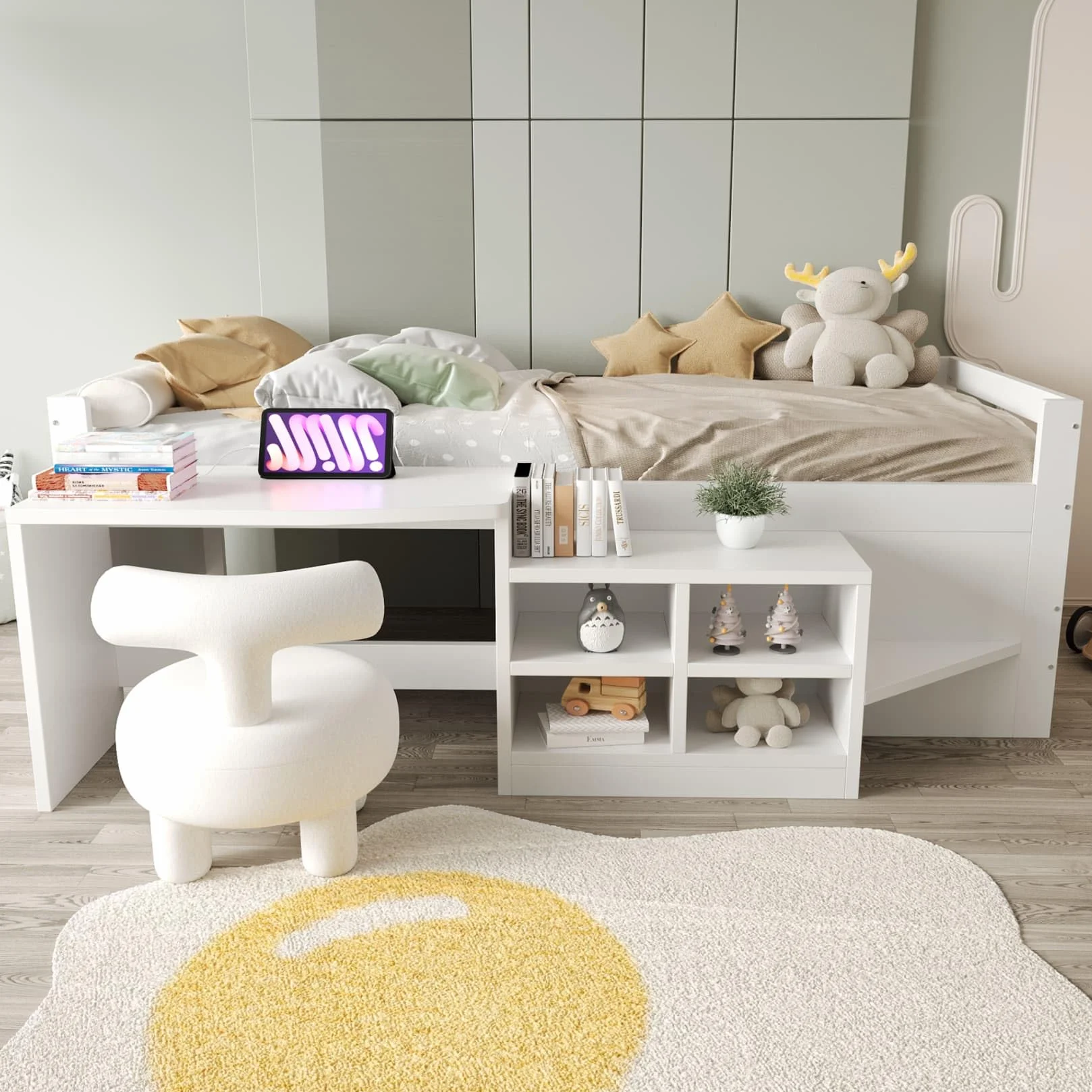 Lit Une Place 90x200cm,Lit 1 Personne avec Bureau,Prises électriques,4 Compartiments de Rangement,Sommier à Lattes Solide,pour Garçons Filles(A-Blanc, 90x200)