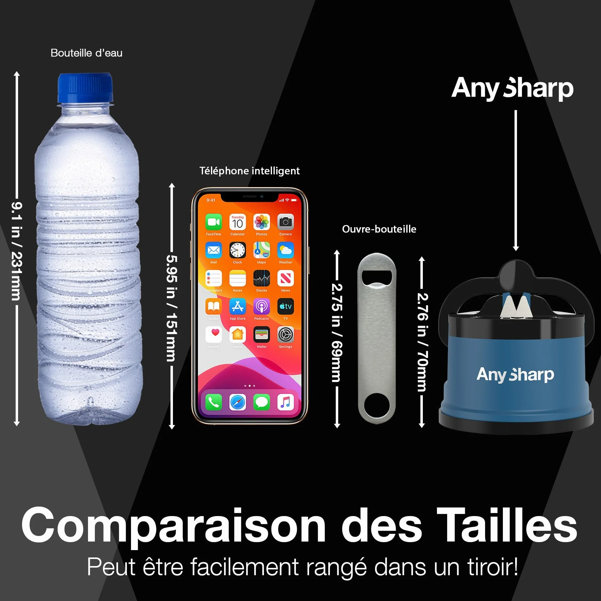 AnySharp Aiguiseur de Couteaux, Sécurité Mains Libres, Ventouse PowerGrip, Bleu
