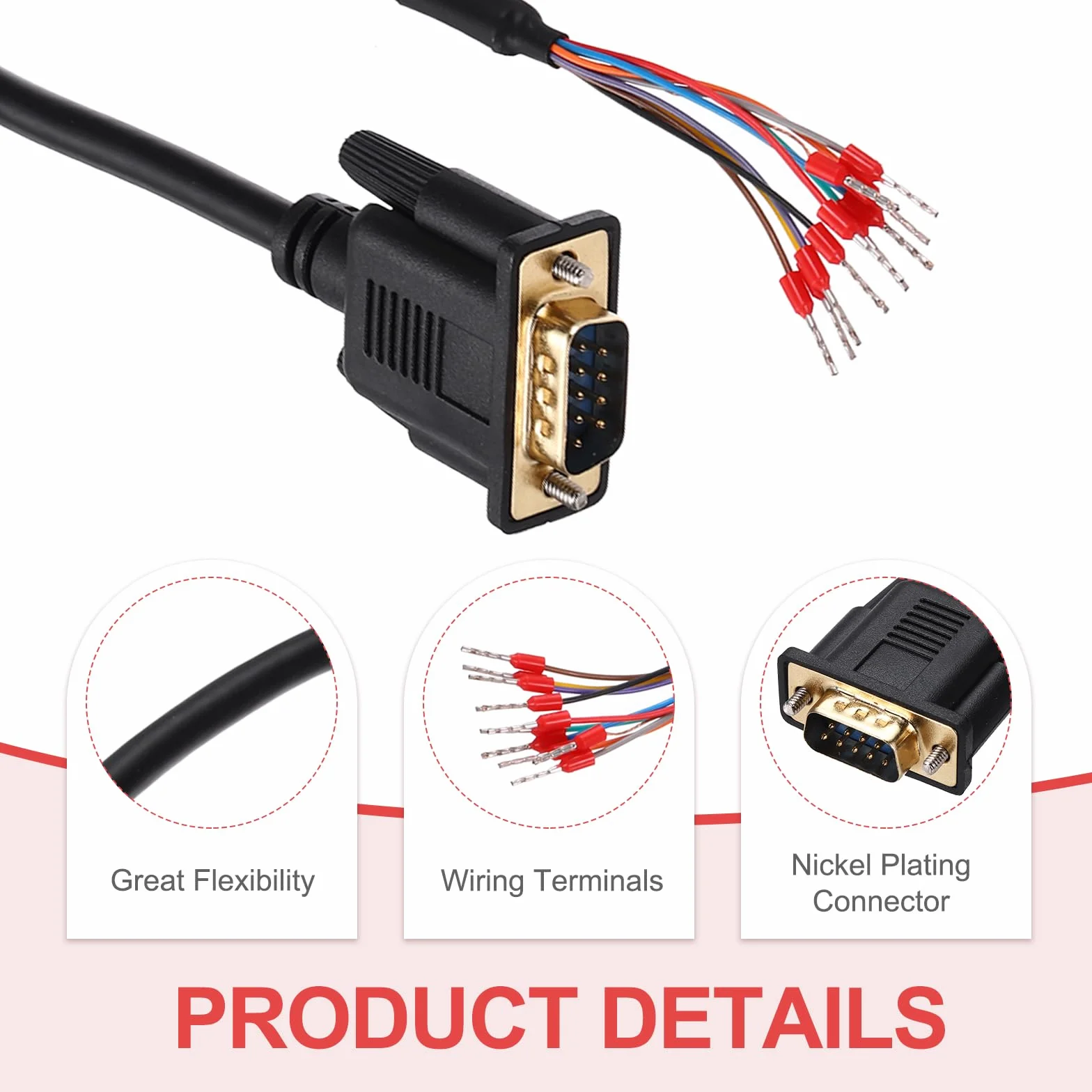 QUARKZMAN DB9 RS232 kabel szeregowy, 26AWG DB9, wtyczka do niegołego drutu z 9 terminalami okablowania, przedłużenie RS232, podwójnie ekranowany kabel, 0,5 m