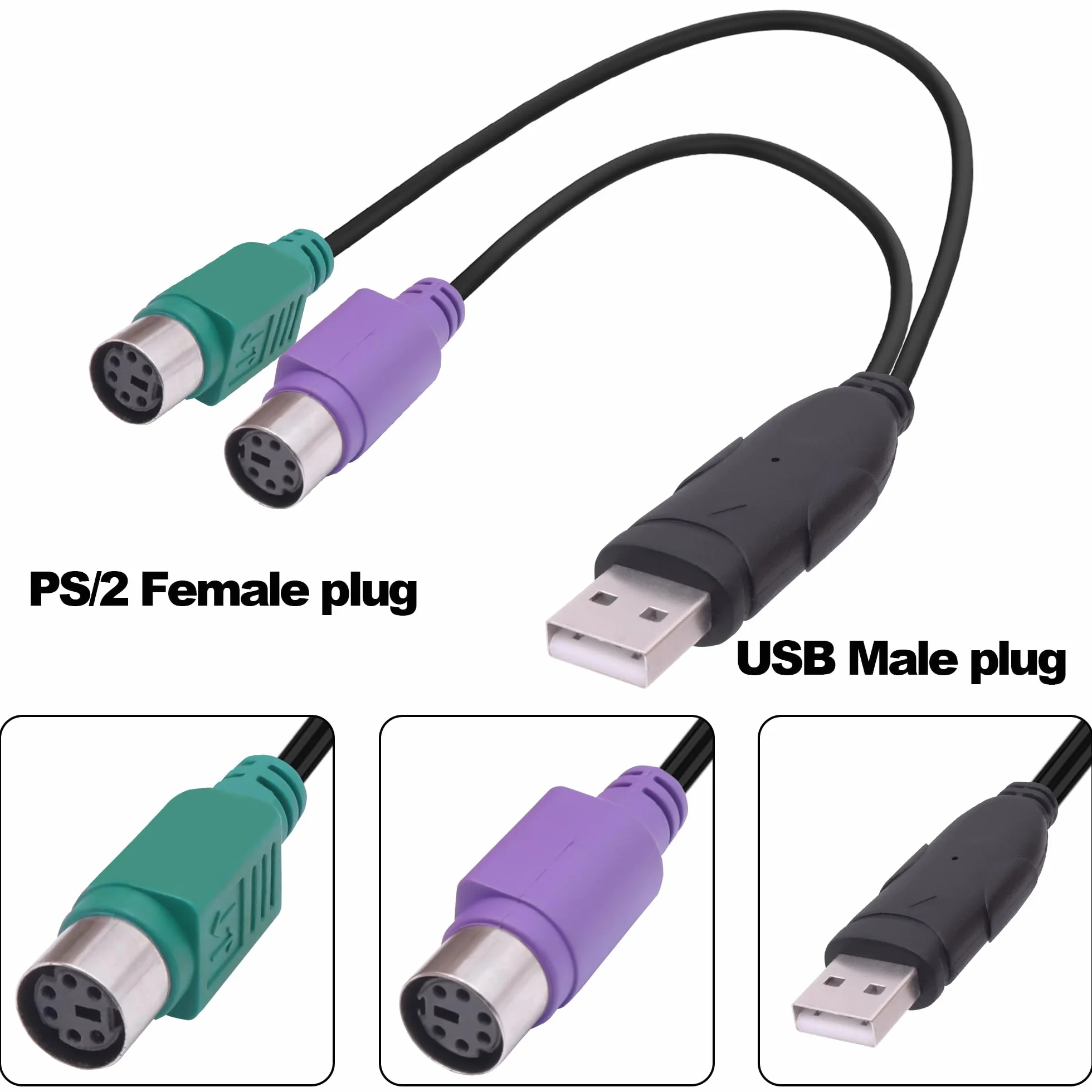 Câble adaptateur USB vers double PS/2 pour clavier PS2 femelle vers USB 2.0 mâle 18 cm