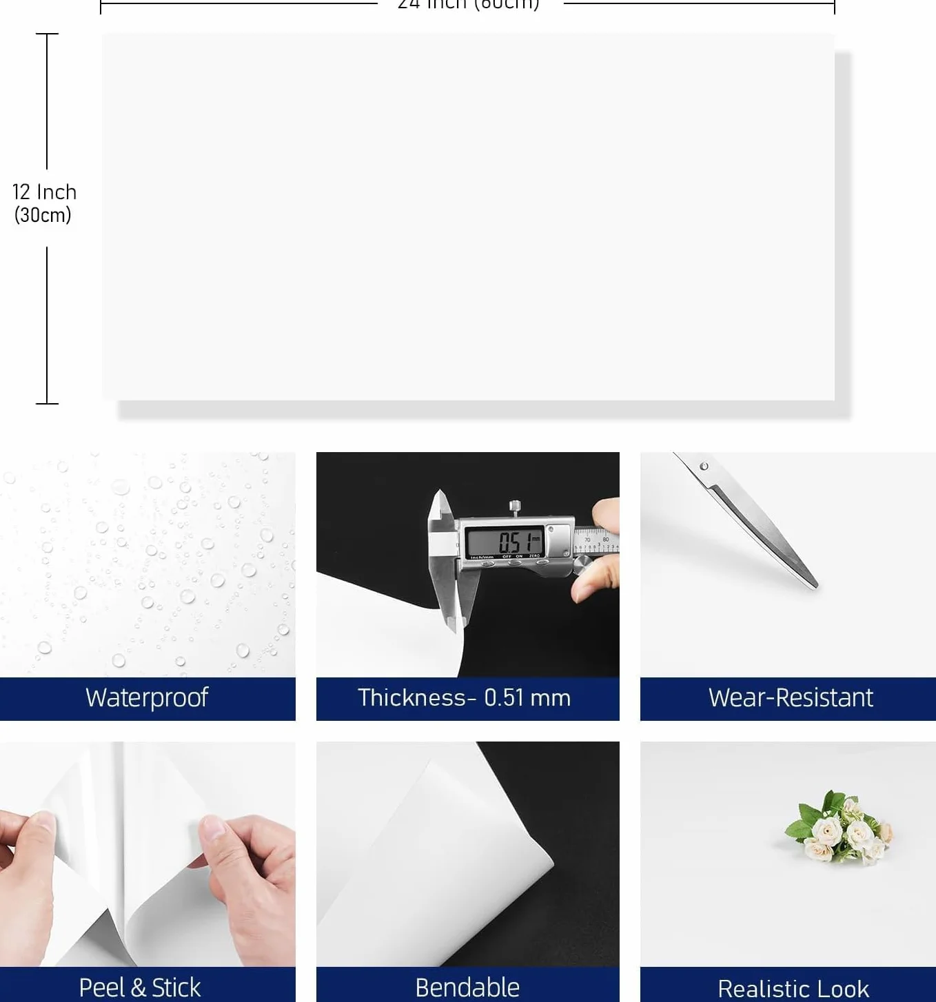 FunStick Dalle PVC Adhesive Murale Blanc Mat 30x60cm 5 Dalles PVC Imperméable Cuisine Salle de Bain