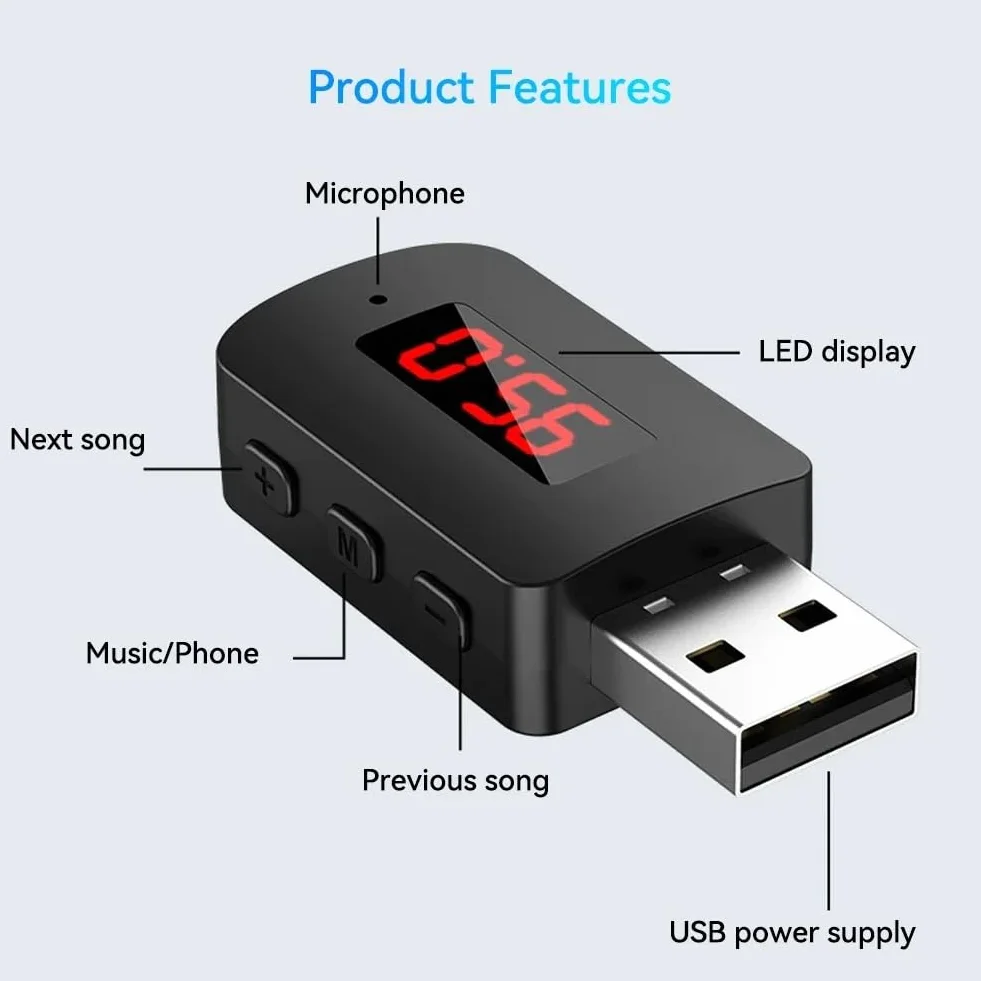 Car bezprzewodowy adapter Bluetooth 5.4 transmiter, odbiornik z mikrofonem, USB Power Audio AUX adapter do samochodu, audio, muzyki, bez użycia rąk