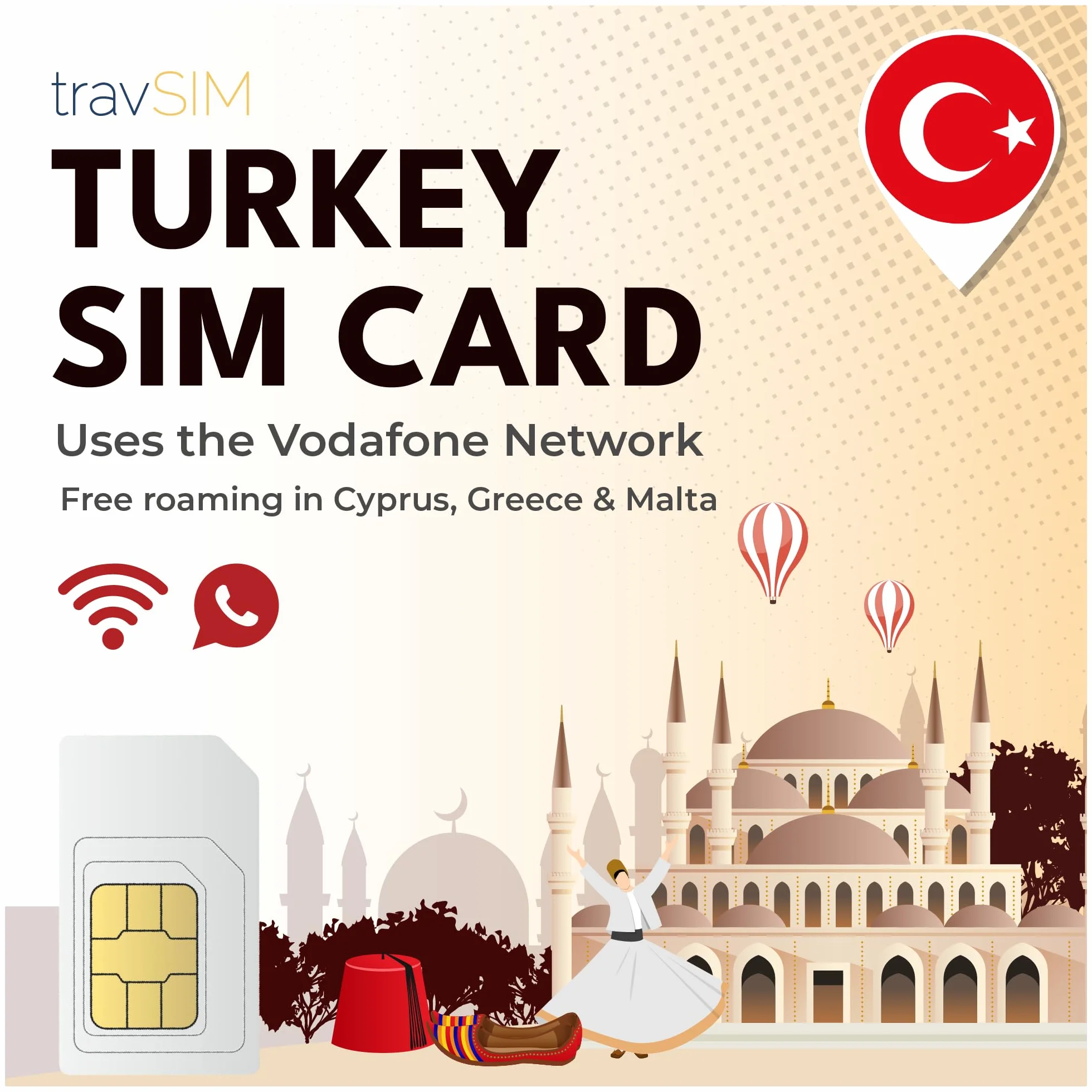 travSIM Turcja Karta SIM | Sieć Vodafone | 5 GB danych z prędkością 4G/5G | Bezpłatny roaming w Grecji, Malcie i na Cyprze | Plan karty SIM dla Turcji jest ważny przez 7 dni