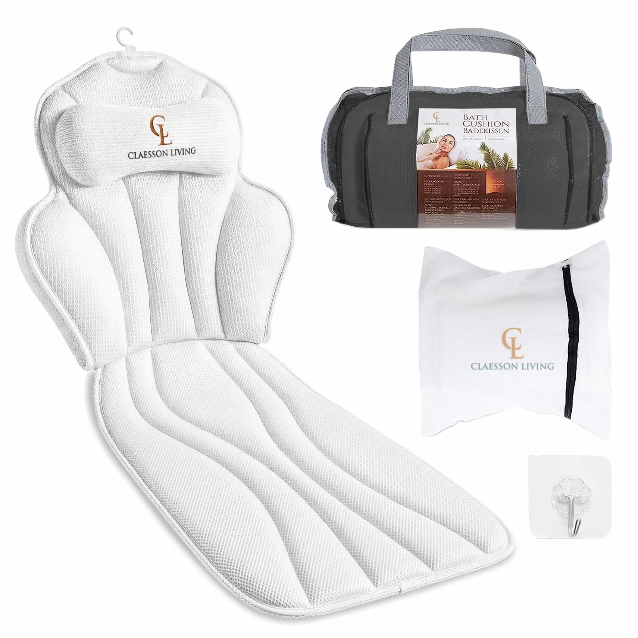 Coussin Baignoire Corps Complet Claessonliving (152x56cm) - Matelas de Bain avec appuie-tête (11cm) & Supports Corps - Coussin Baignoire Adulte - Oreiller Baignoire - Sacs de Lavage Inclus - Blanc