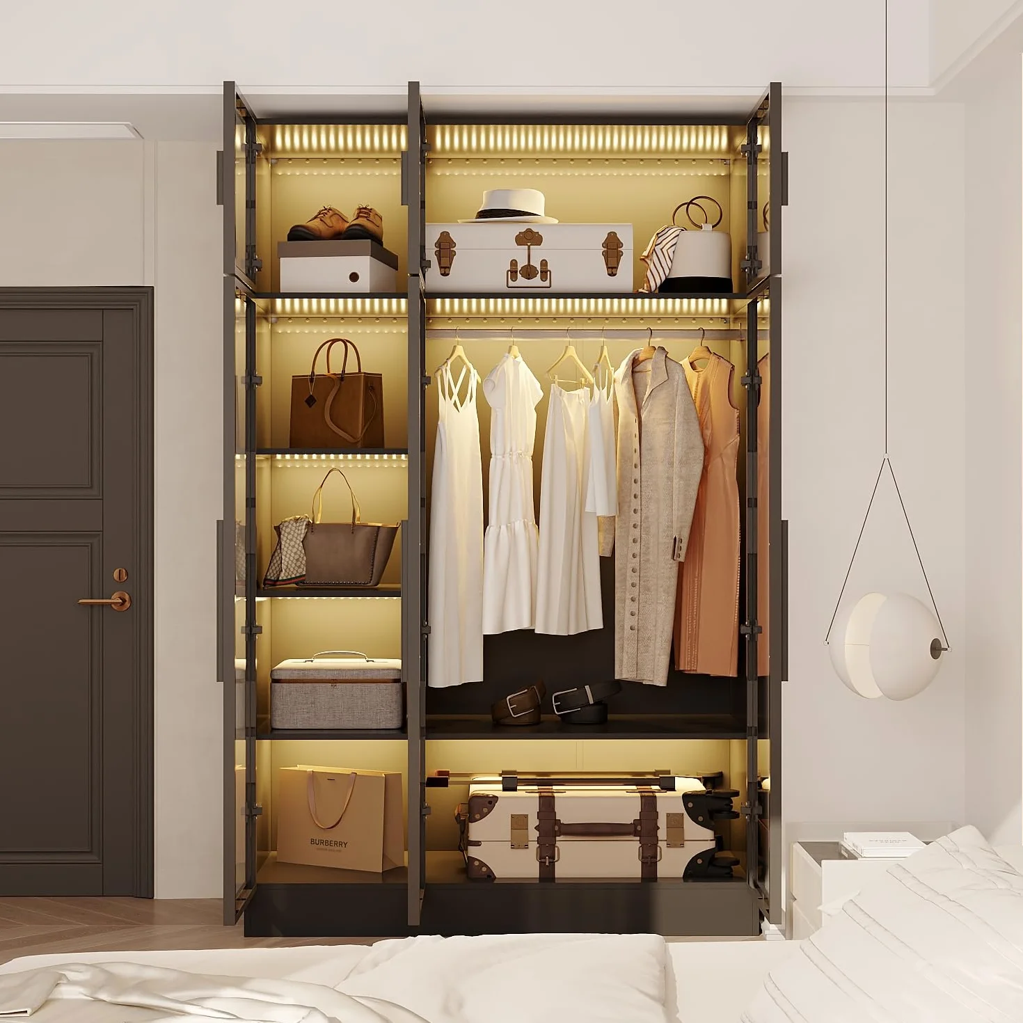 Armoire vitrée avec tringle à vêtements 190cm Vitrine avec 3 éclairages LED Armoire de rangement en verre trempé Vitrine en verre avec 6 portes 5 étagères cadre de porte en fer 120x48x190cm Noir