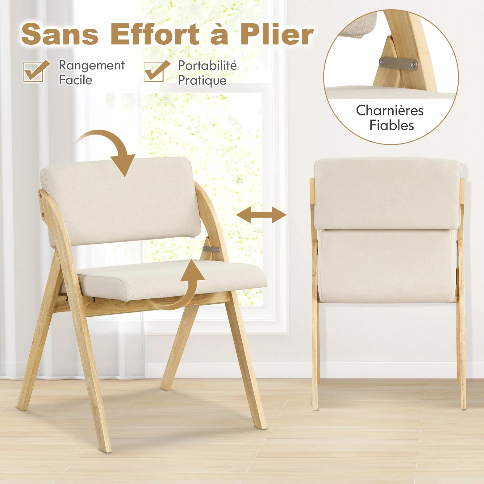 COSTWAY Lot de 2 Chaise Pliante, Chaise de Cuisine Pliable avec Pieds en Bois de Caoutchouc, Siège et Dossier Rembourrés, sans Montage (Naturel Beige)