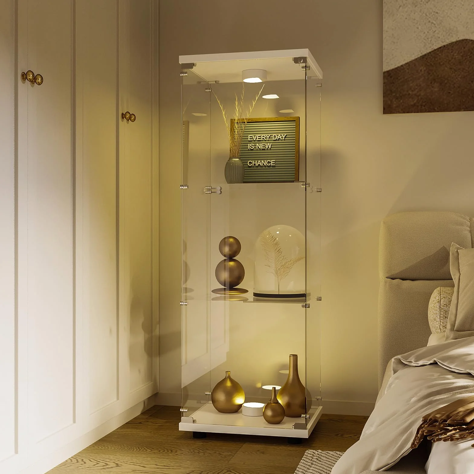 Vitrine en Verre pour Collection, Armoire de Collection Moderne à 3 Couches avec 1 Porte, Meuble Vitrine Verre avec LED, pour Chambre, Salon, 42x36x125cm, Blanc + Lumière
