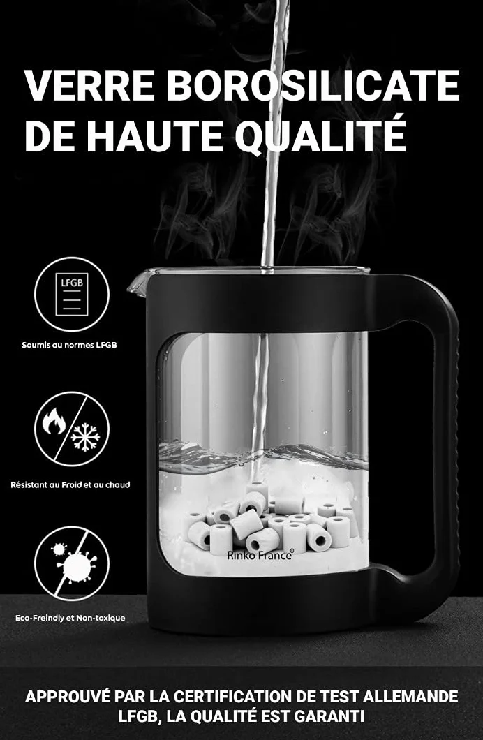 Carafe d'Eau 1,5 L avec 50 Perles de Céramique EM 100% Purification Naturelle de l'eau Potable| Billes Argile Filtrante Anti Calcaire, Chlore avec Pince en Bambou et E-Book offert