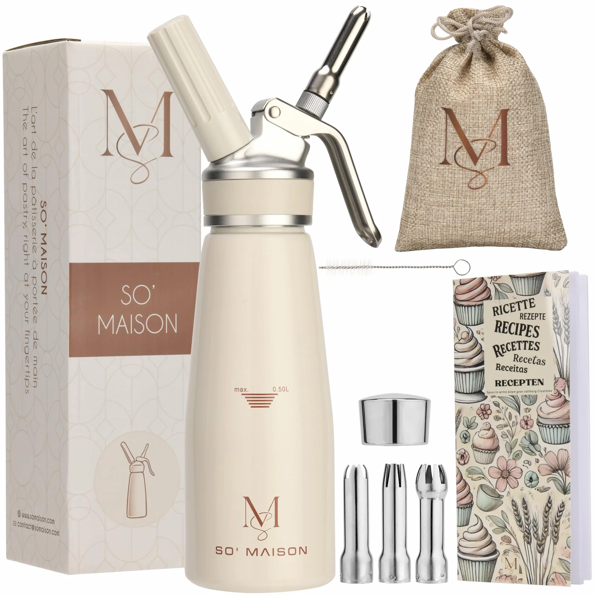 SO'MAISON Siphon Chantilly 500ml Aluminium Crème Vintage Cahier de Recettes Matériel de Pâtisserie Professionnel