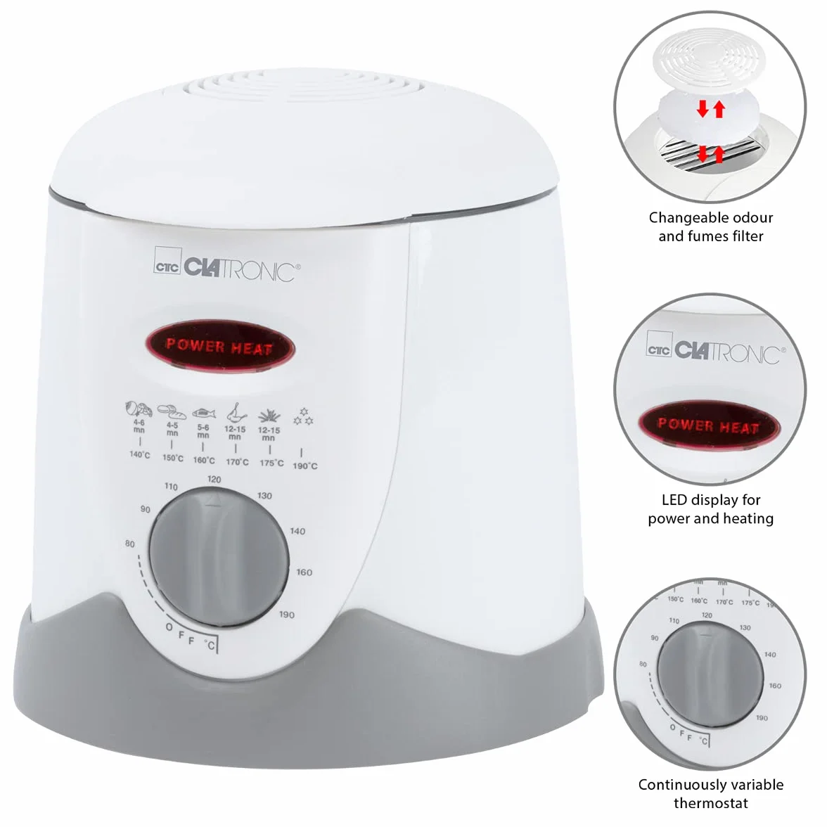 Clatronic Ffr 2916 Friteuse et Fondue Parois Froides Thermostat Variable 2 Indicateurs Lumineux de Control Protection Anti Surchauffe Capacité 1 Litre Blanc