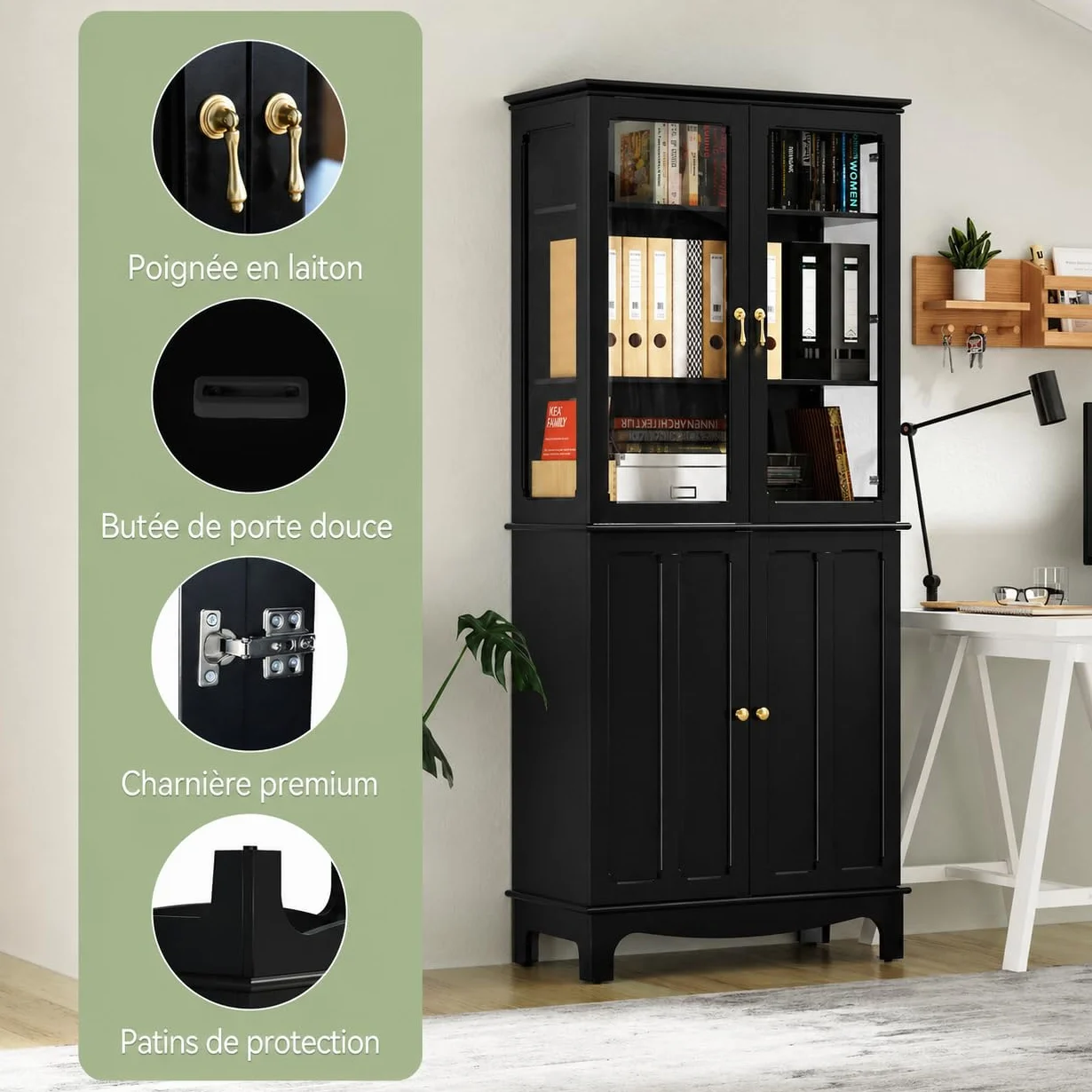 HOLTICO Armoire de Cuisine indépendante avec Porte en Verre, Armoire de Cuisine en Verre vitrines Armoire Haute avec Porte en Verre et étagères réglables pour Cuisine, 40P x 76L x 183H cm,Noir