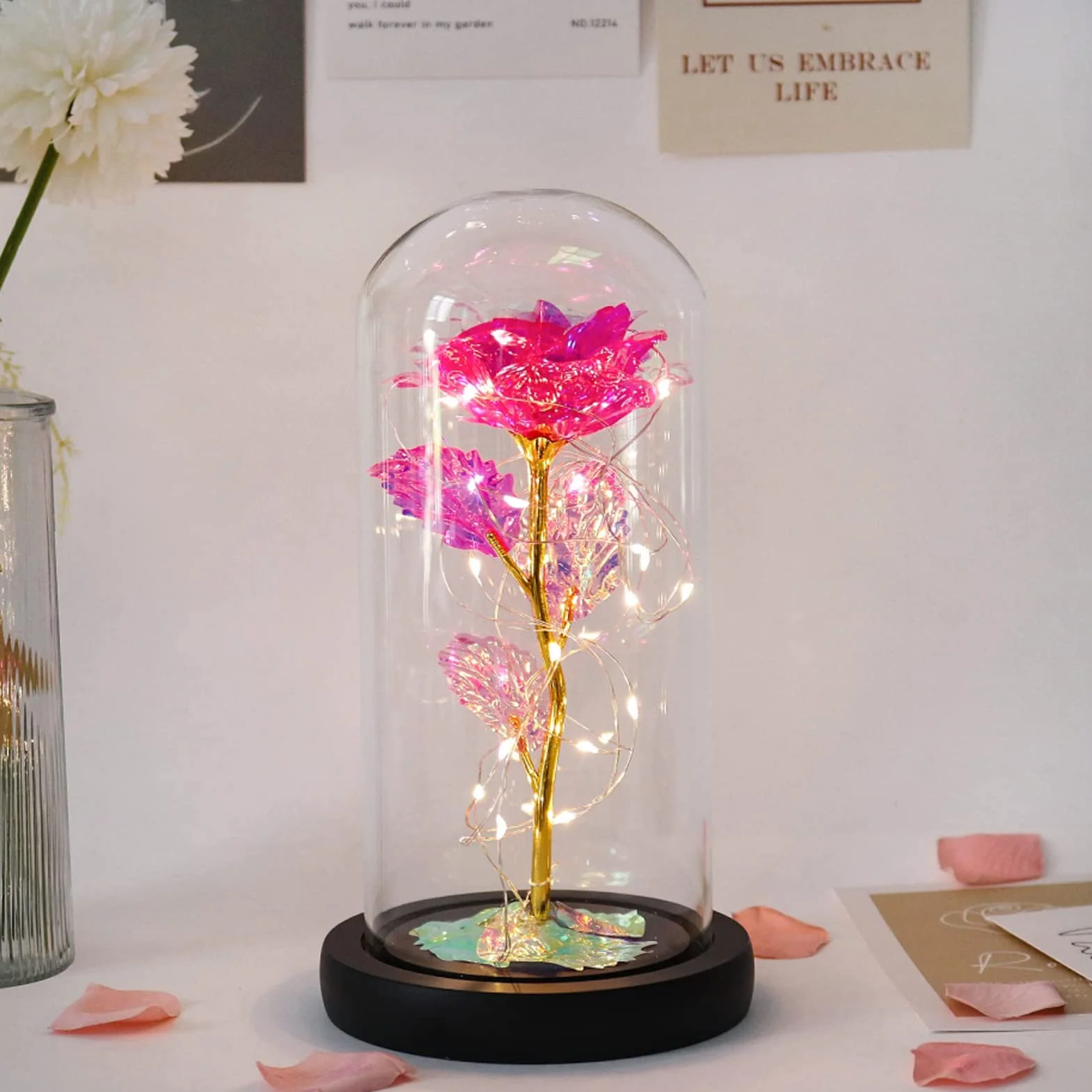 Rose Eternelle sous Cloche Galaxy Rose La Belle et la Bête avec LED Lumières Cadeau Fête des Mères pour Femmes