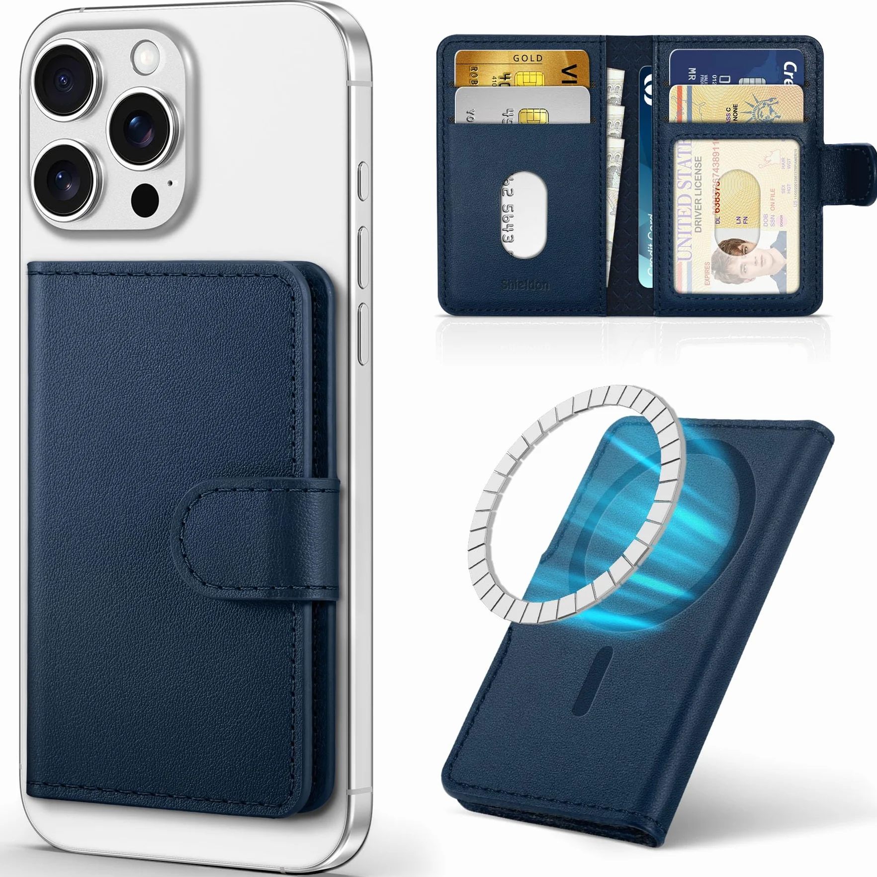 SHIELDON prawdziwa skóra portfel magnetyczny, blokada RFID, 6 przegródek na karty i okienko na dowód osobisty, smukły portfel kompatybilny z serią iPhone 16/15/14/13/12 - granatowy