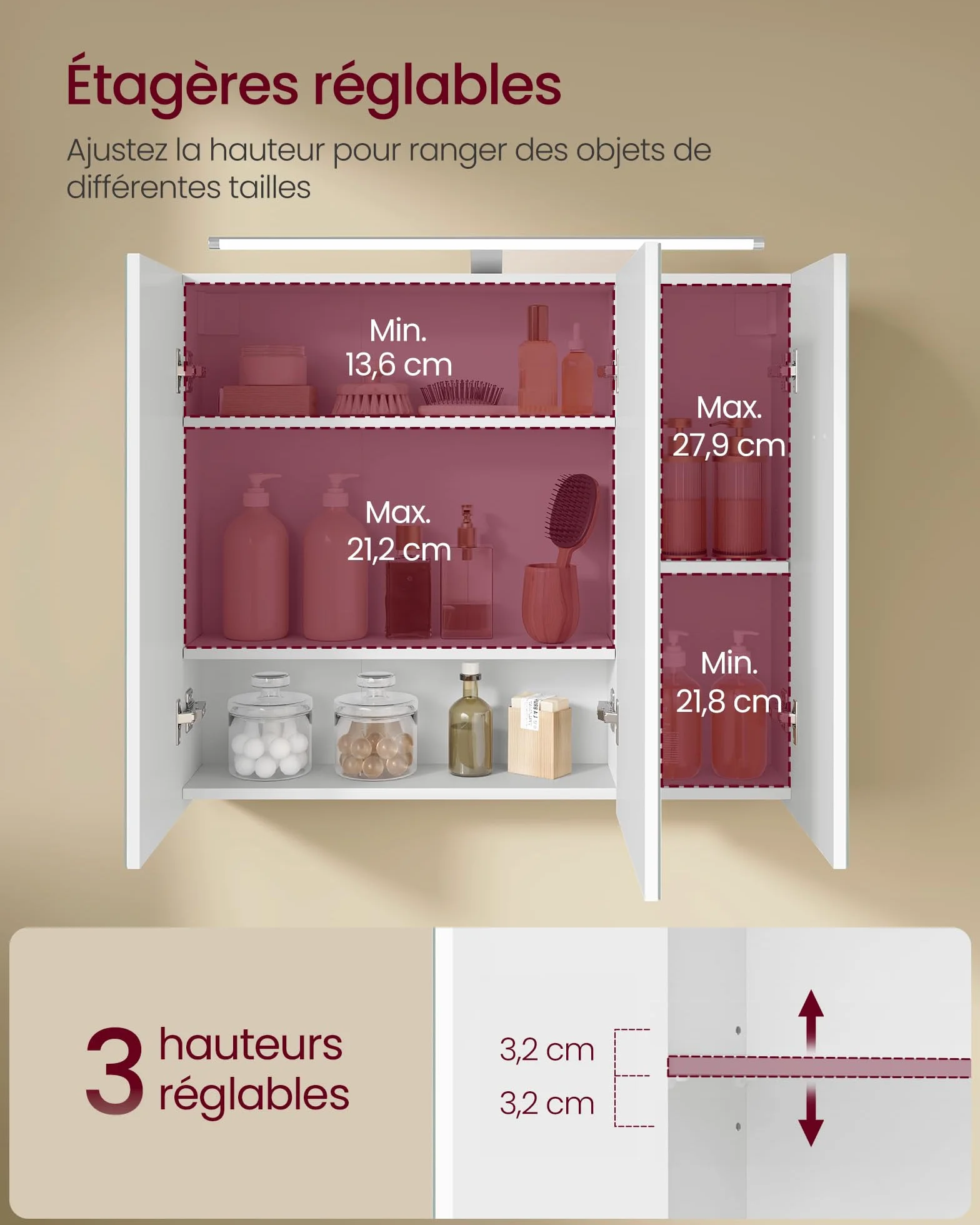 VASAGLE Kailyn Collection - Armoire Murale à 3 Portes Miroir avec Éclairage, Meuble de Salle de Bain, Étagères Réglables, Style Moderne, 15 x 70 x 60 cm, Blanc Nuage BBK139WB01