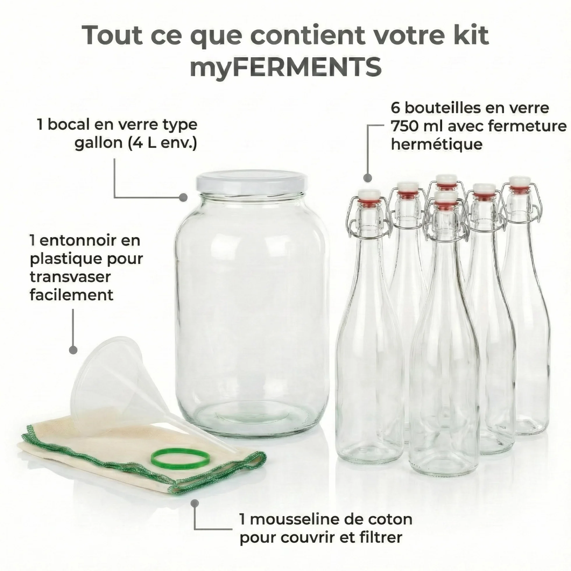 myFERMENTS Kit Préparation Boissons Probiotiques - Set de Fermentation pour Bière, Kefir - 6 Grands Bocaux en Verre de 4L, Bouteille de 750ml avec Joint Hermétique, Entonnoir 10cm, Tissu Mousseline