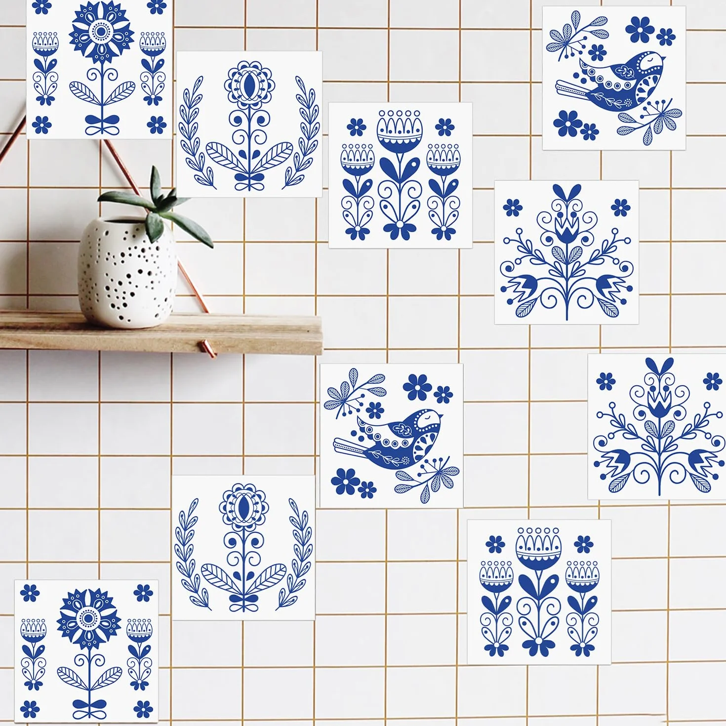 Ulticool Stickers étanches autocollants pour carrelage Vase de fleurs bleu de Delft 15x15 cm Lot de 15