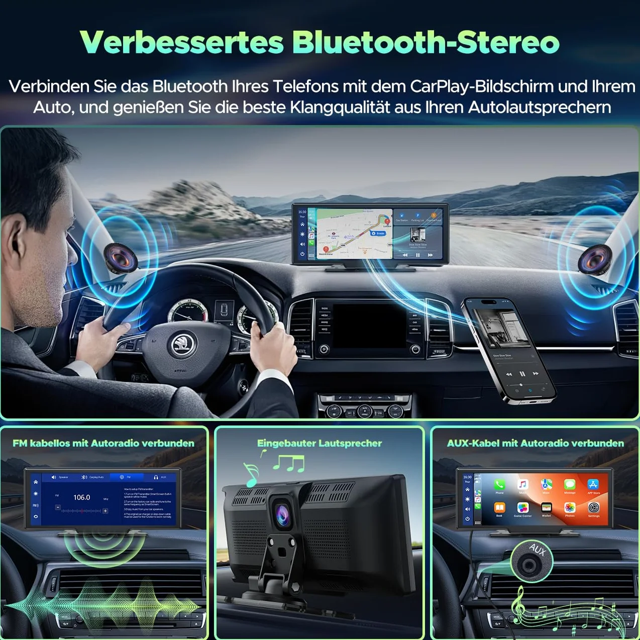 LAMTTO Bezprzewodowe radio samochodowe CarPlay z systemem Android, 9,26", przenośne, z kamerą rozdzielczą 2,5 K + 1080p z przodu, 64 G TF, Bluetooth, nawigacja, Mirror Link, Siri/G00gle, AUX/FM