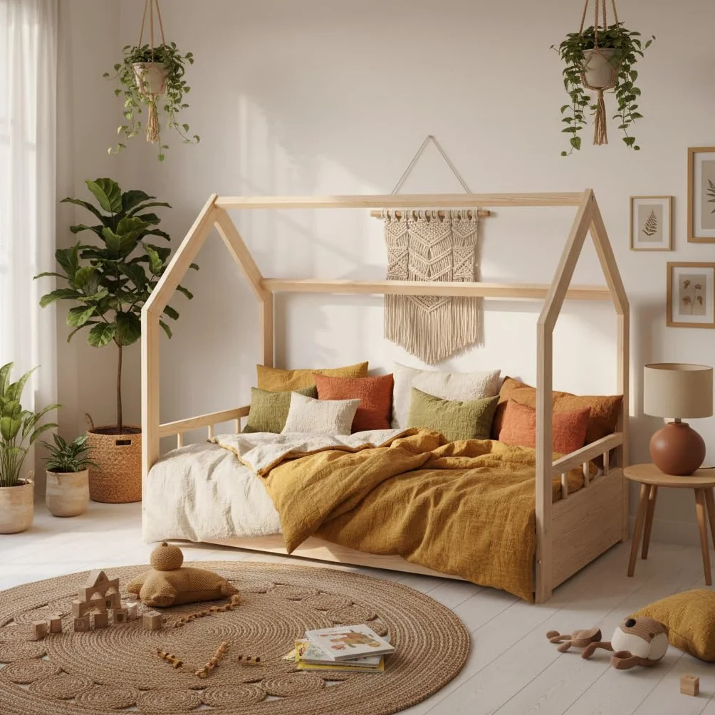 MS FACTORY Lit Enfant Bébé Maison 70x140 cm - Lit en Massif Cabane avec Protection Anti-retombée, Barrière Sécurité - Style Scandinave Montessori - Bois Demi-barrières