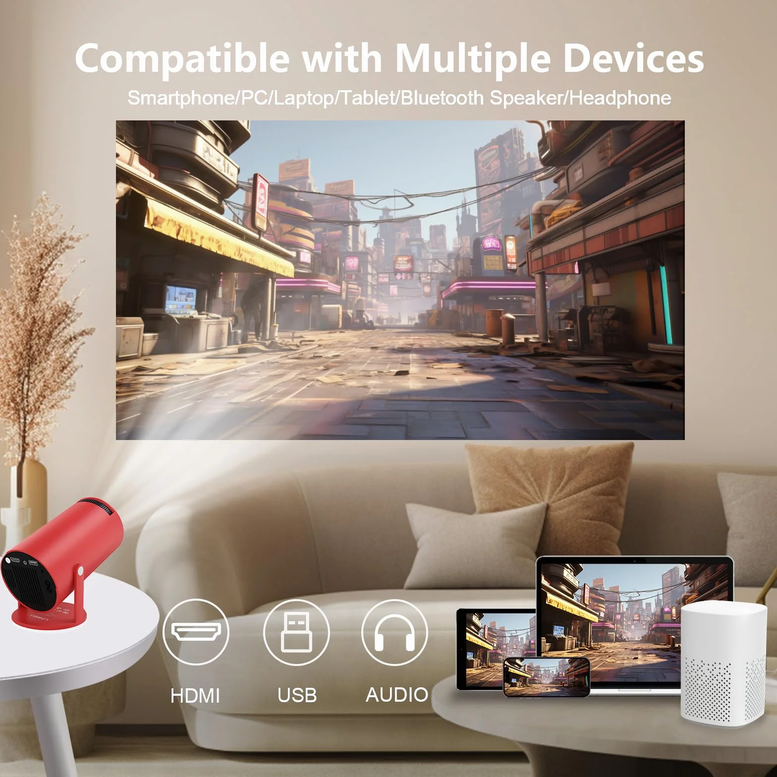 LQWELL Mini projektor, obsługuje 5G WiFi, BT5.0 z systemem Android, automatyczna korekcja trapezu, kąt 220 stopni, wyświetlacz 130 cali do telefonu/komputera/Xboxa, kino domowe 4K, HDMI
