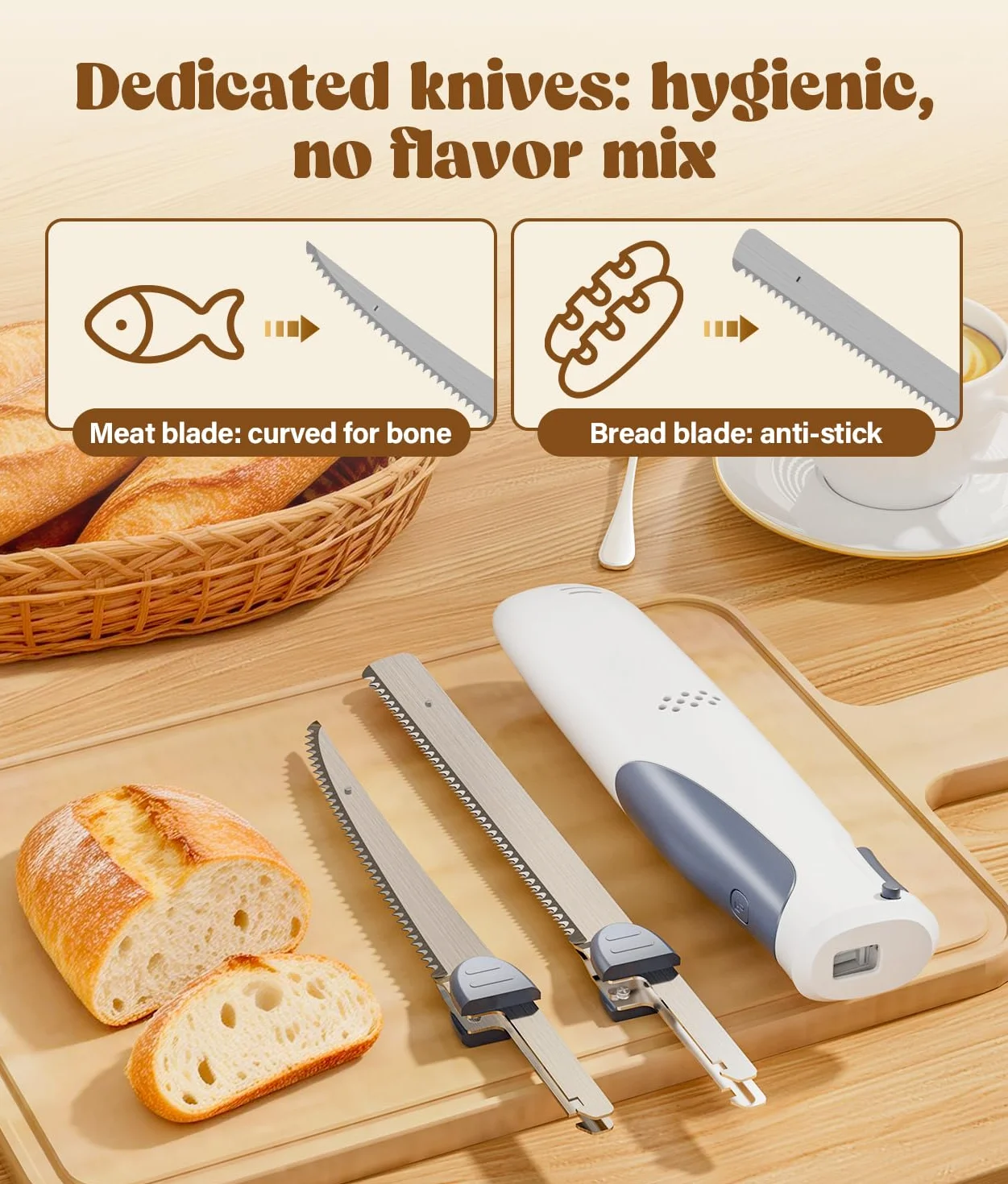 PAHTTO Couteau électrique, Couteau de cuisine sans fil avec 2 lames en acier inoxydable et fourchette, Couteau à fileter 8 V avec verrouillage de sécurité, pour la viande, le poisson, le pain, etc.