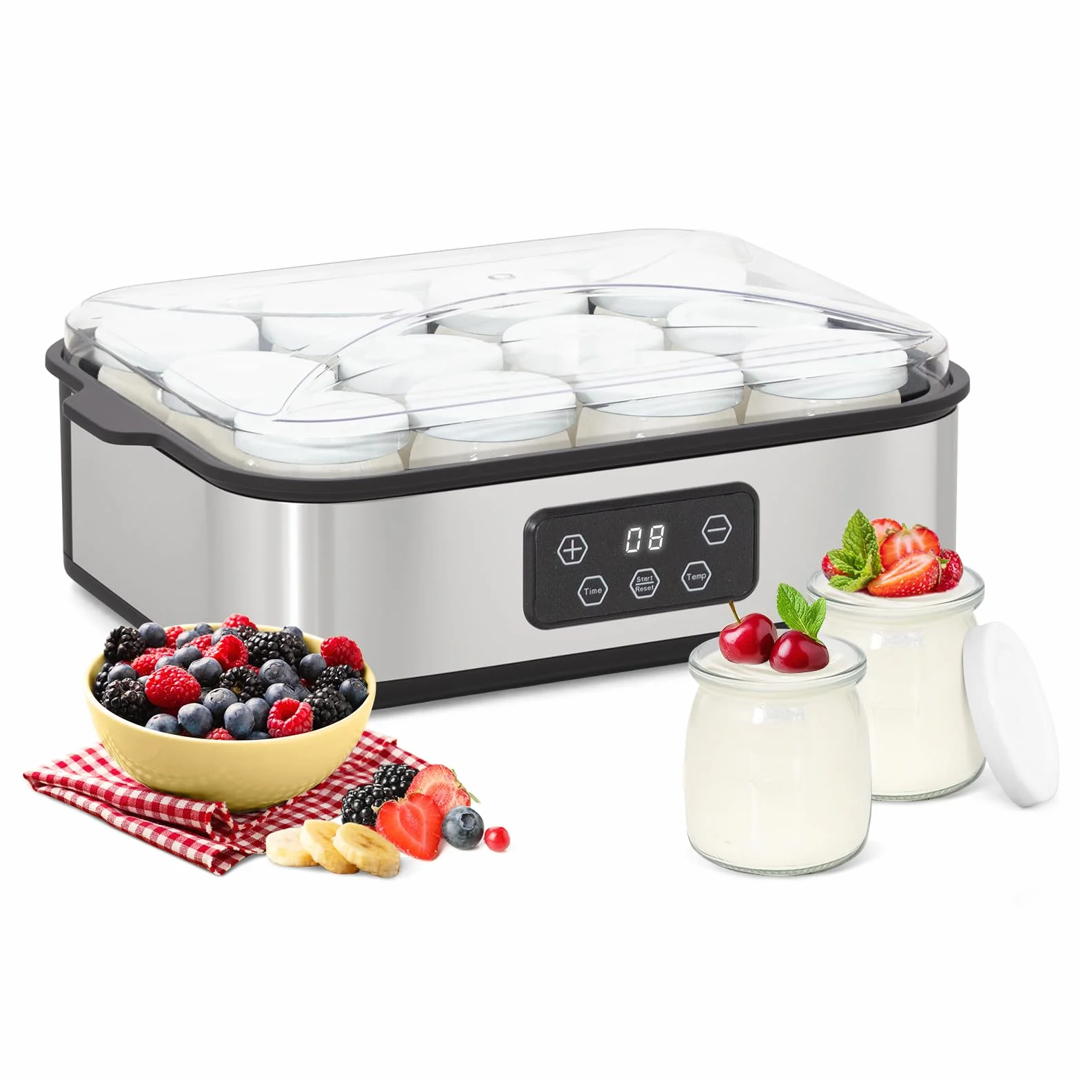 Todeco Yaourtière Électrique avec 12 Pots en Verre de 180ml, Machine à Yaourt Maison en Acier Inoxydable, Écran LCD, Thermostat Réglable et Minuterie, pour Préparer du Yaourt Grecs et Aromatisés