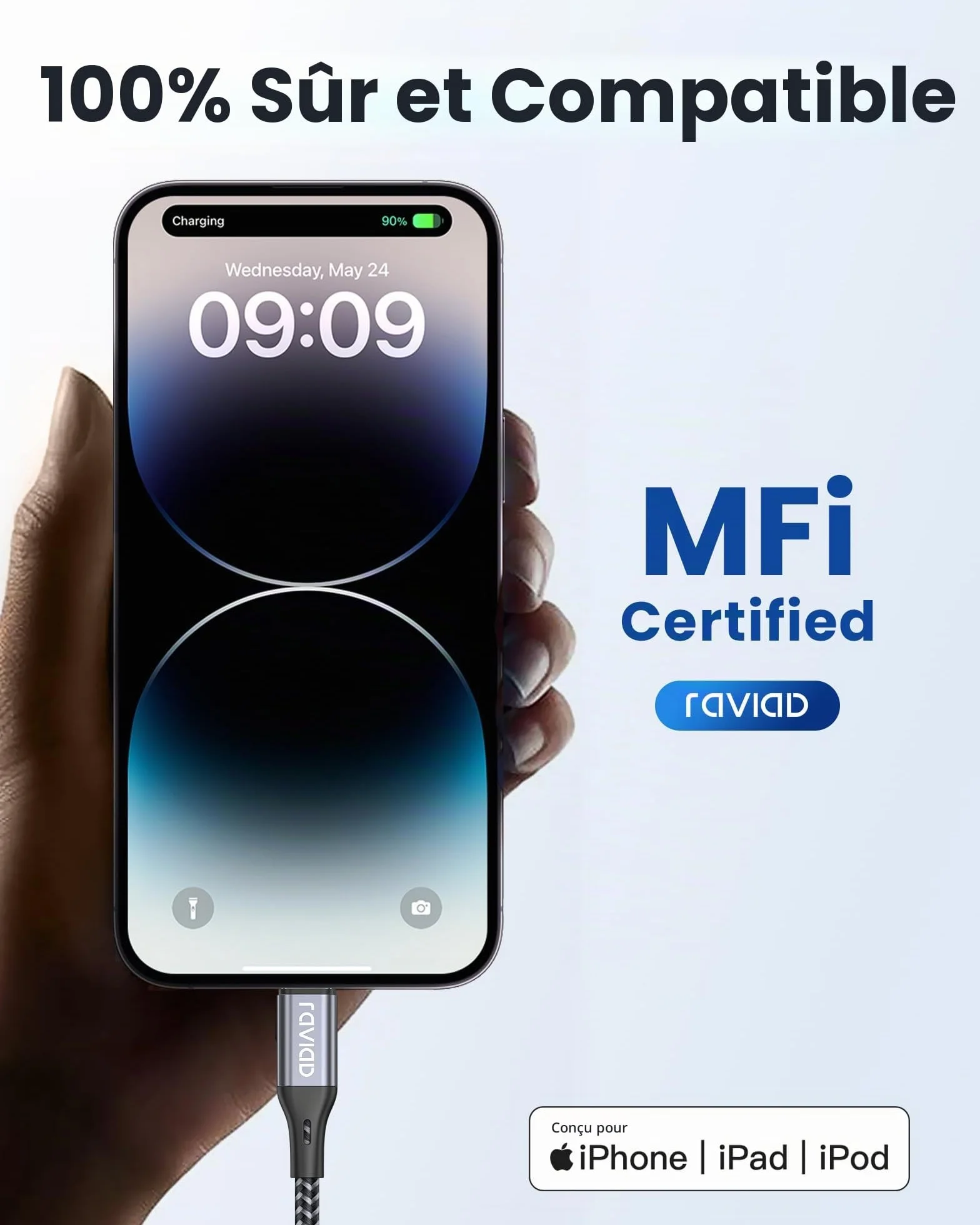 RAVIAD Câble USB C vers Lightning 1M MFi Certifié Charge Rapide Power Delivery Compatible iPhone 14 13 12 11 Pro Max Mini XR XS X 8 7 Plus 6s 6 SE Gris