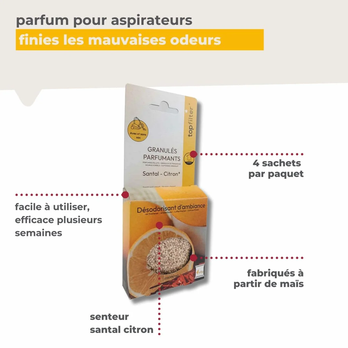 Lot de 4 sachets de granulés parfumés Senteur Santal Citron pour aspirateur, désodorisant aspirateur, Maïs, 4 x 6 grammes