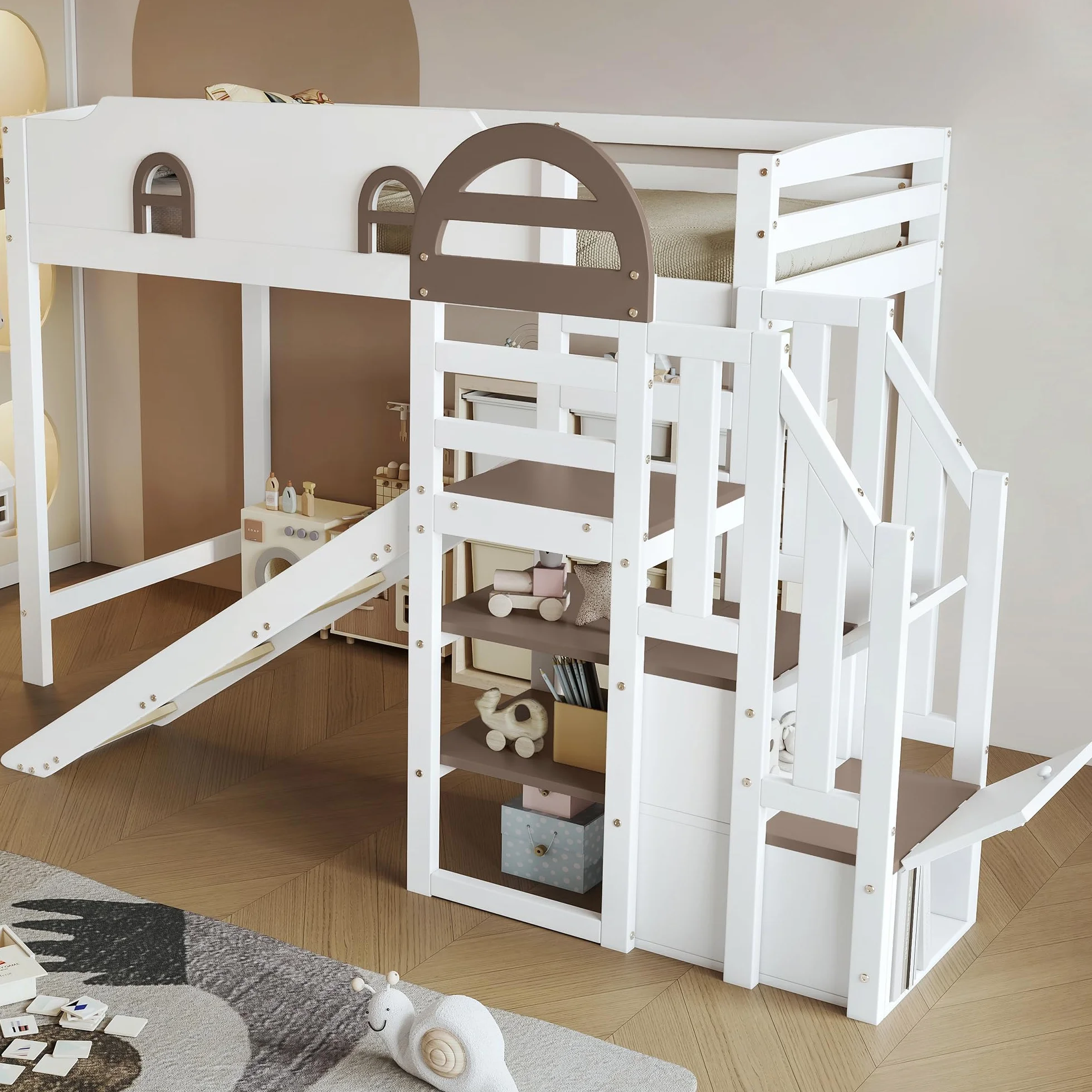 Zepneiy Lit Enfant 90x200 avec Toboggan et Rampe, Lit Superposé Enfant avec 2 casiers dans l'escalier et fenêtre, Pin et MDF Blanc (sans Matelas)