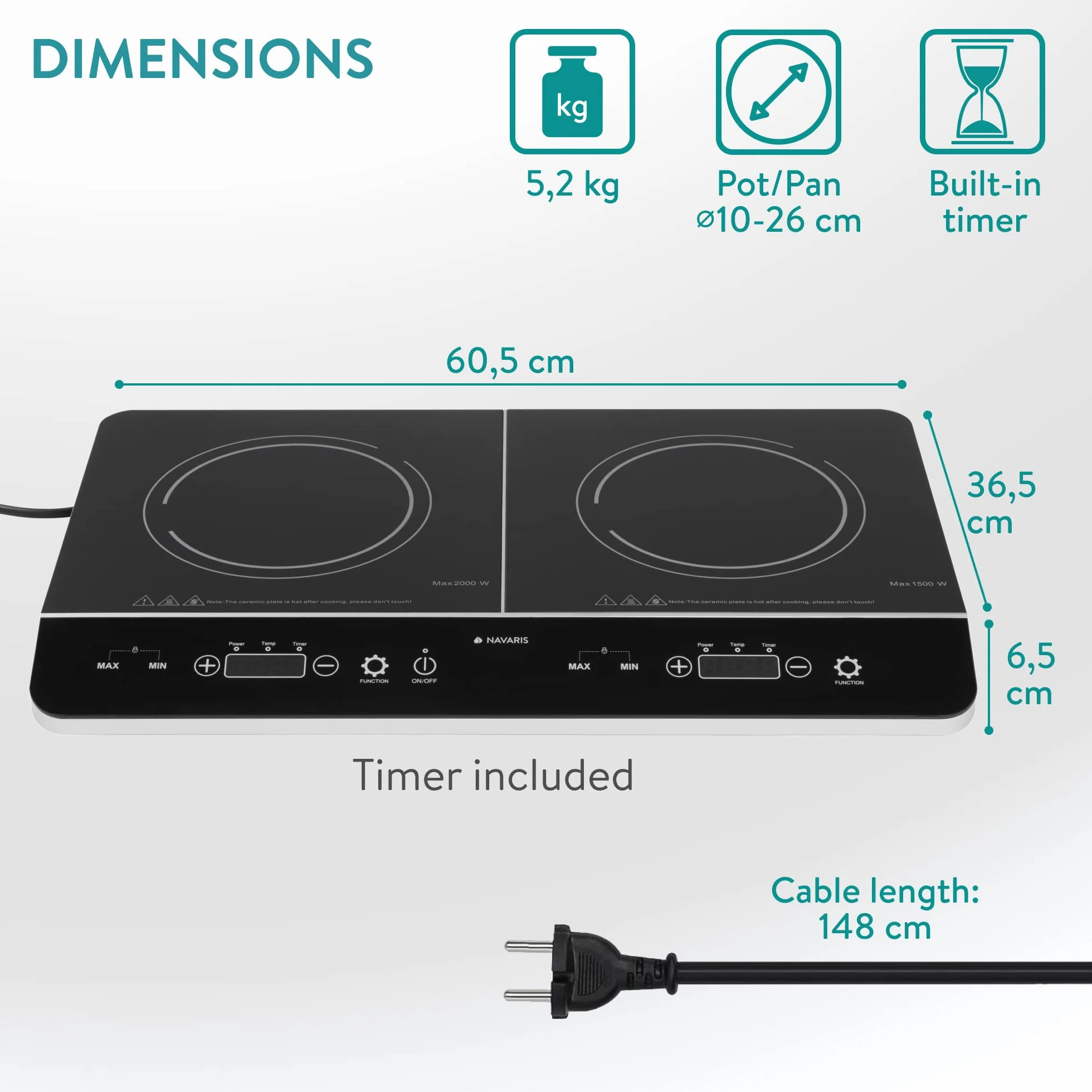 Navaris Double Plaque à Induction - Plaque Induction 2 Foyers Portable - Plaque Vitrocéramique de Cuisson - Boutons Tactiles Minuteur et Sécurité