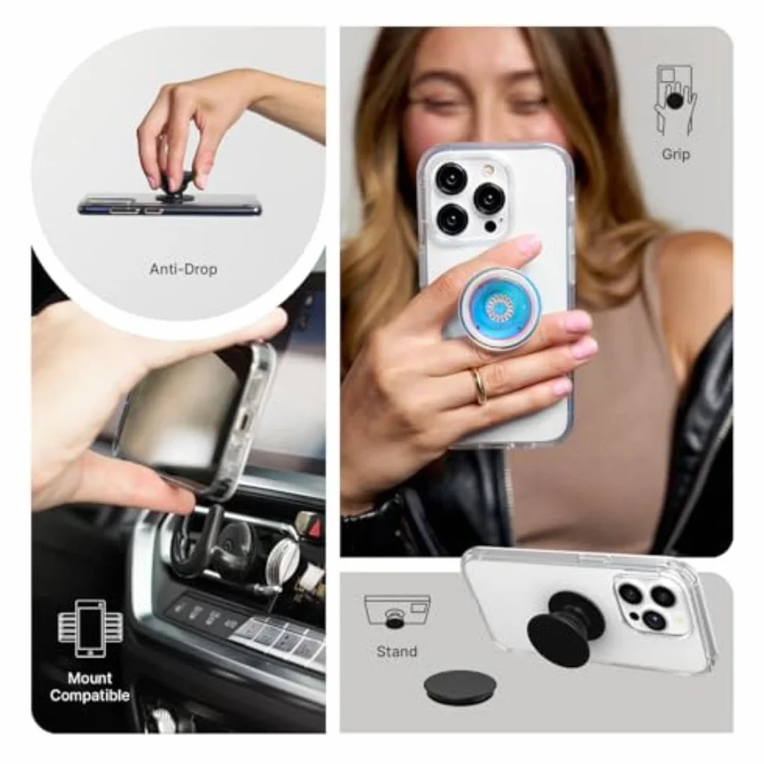 PopSockets: PopGrip Plant – rozszerzany stojak i uchwyt wykonane z materiałów na bazie roślin z wymienną górną częścią do smartfonów i tabletów – półprzezroczyste niebieskie pola
