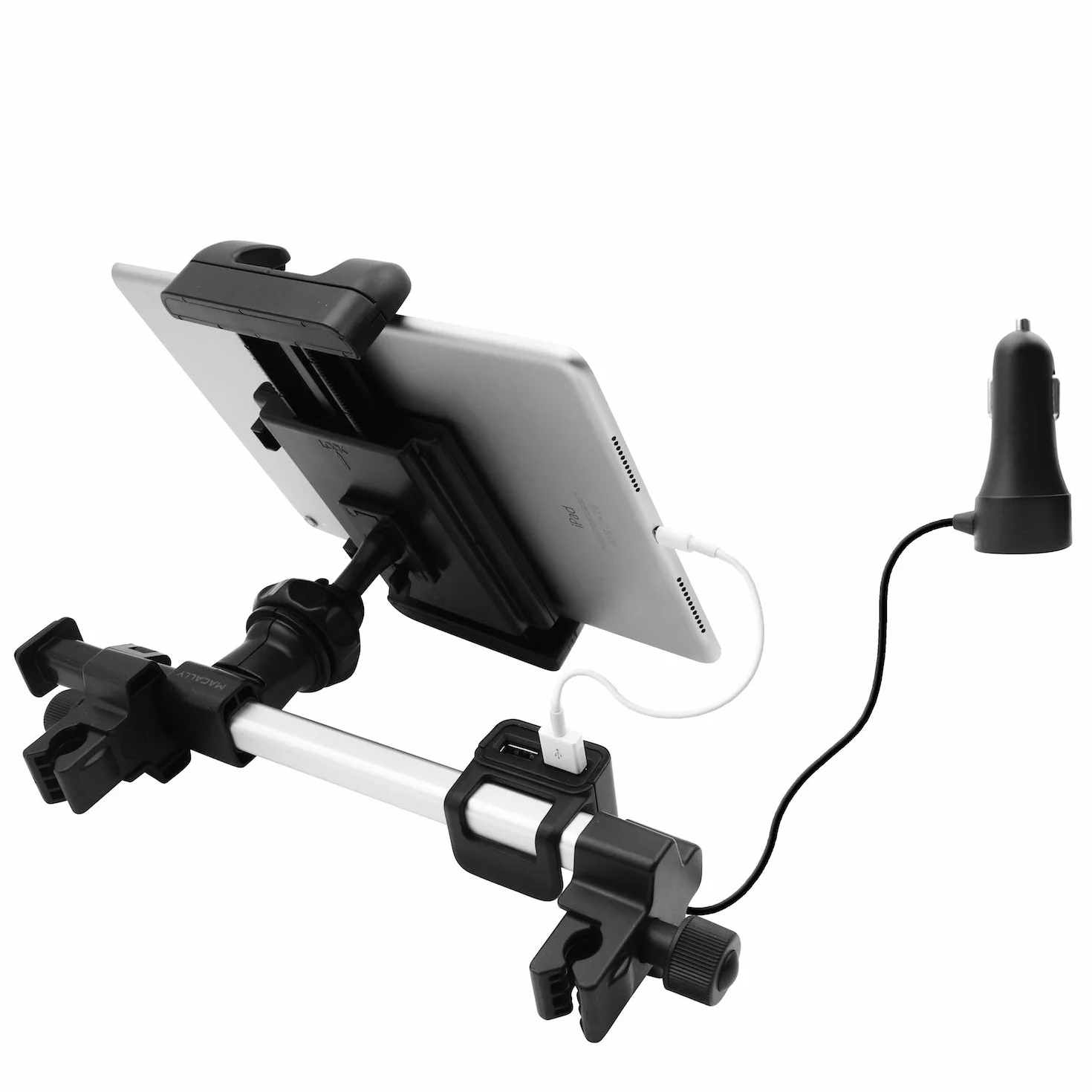 Macally HRMOUNTPRO4UAC, podwójny tryb montażu na zagłówek tabletu z ładowarką USB do siedzenia samochodowego z przodu i z tyłu, do iPada i innych tabletów, Nintendo Switch itp