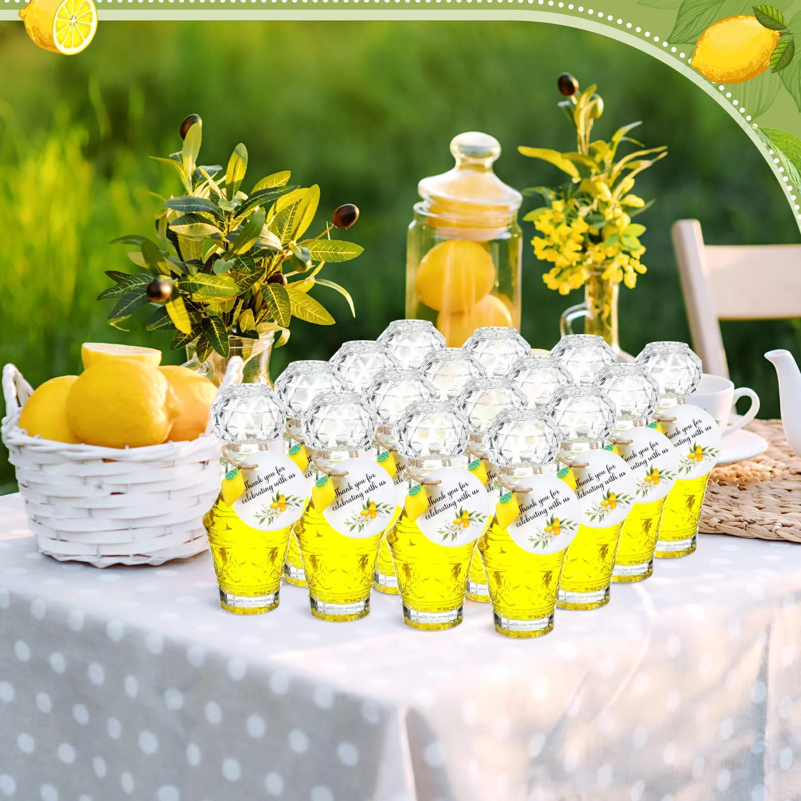 Chuangdi Lot de 16 mini bouteilles en verre Limoncello avec étiquettes - 50 ml - Pendentifs en forme de citron - Cadeaux de fête au citron pour brassage maison, mariage, baby shower, cadeaux (Rétro)