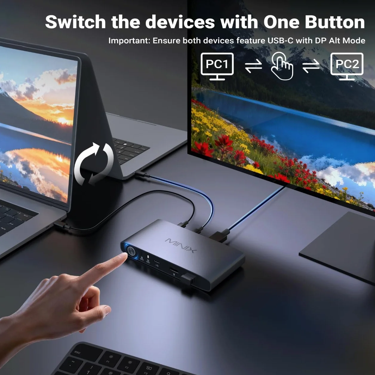 MINIX K1 przełącznik KVM USB C, 1 monitory, 2 komputery, 4K przy 120 Hz HDR, 100 W PD 3.0, podwójne przełączniki KVM z wejściem USB-C, klawiatura i mysz, aluminiowa konstrukcja, kompatybilny z Windows