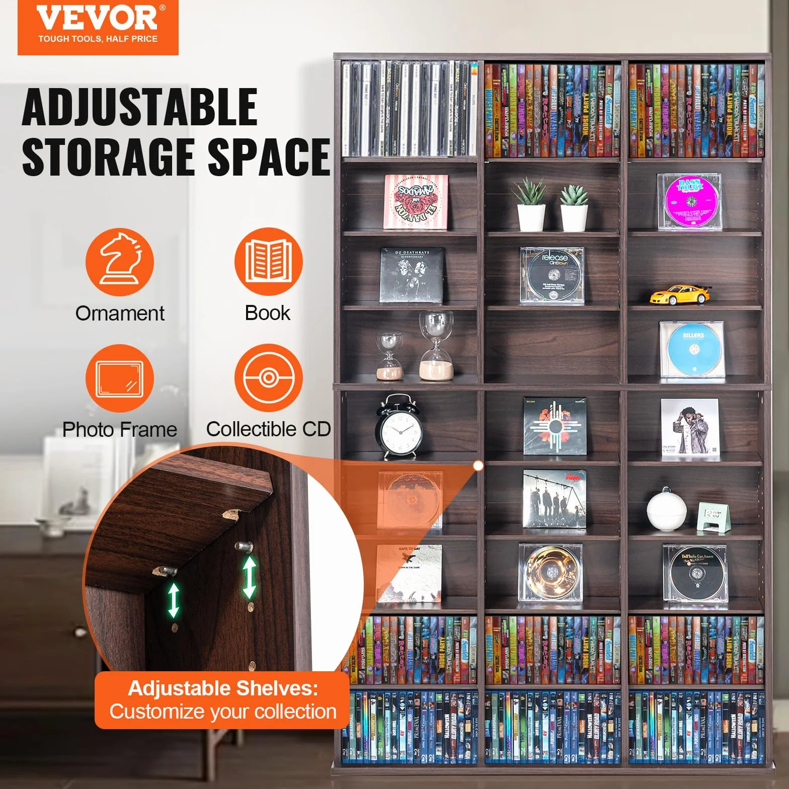 VEVOR Armoire de Rangement CD/DVD, réglable avec 27 Compartiments, étagère à DVD à 9 Couches pour 756 CD, protège et organise Les Collections de Musique, de Jeux vidéo ou de Souvenirs, Marron foncé