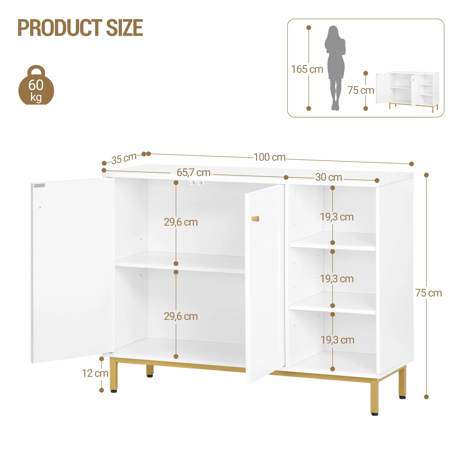 Hzuaneri Meuble Salle de Bain, Meuble de Rangement, Armoire Salle de Bain, Placard Rangement avec 2 Portes, Compartiment Ouvert, Salle de Bains, Le Salon 35 x 100 x 75 cm, Blanc-Or SC10203G