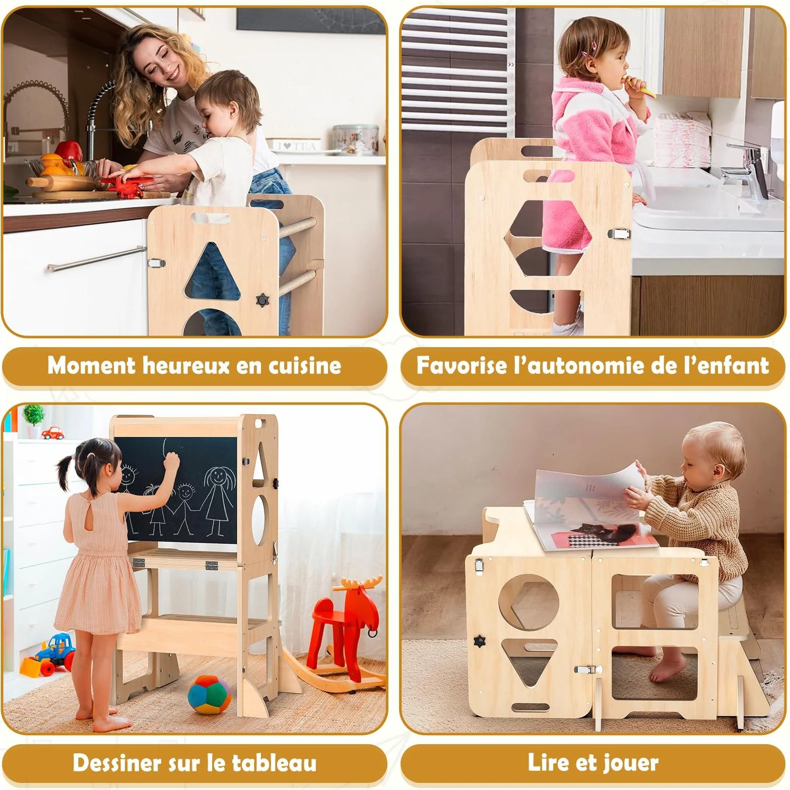 Woodure Tour d'apprentissage Montessori 4 en 1, Tour d Observation Enfant Pliable avec Tableau Noir, Tabouret de Cuisine en Bois pour Enfants, Cadeaux pour garçons et Filles de 1 à 3 Ans