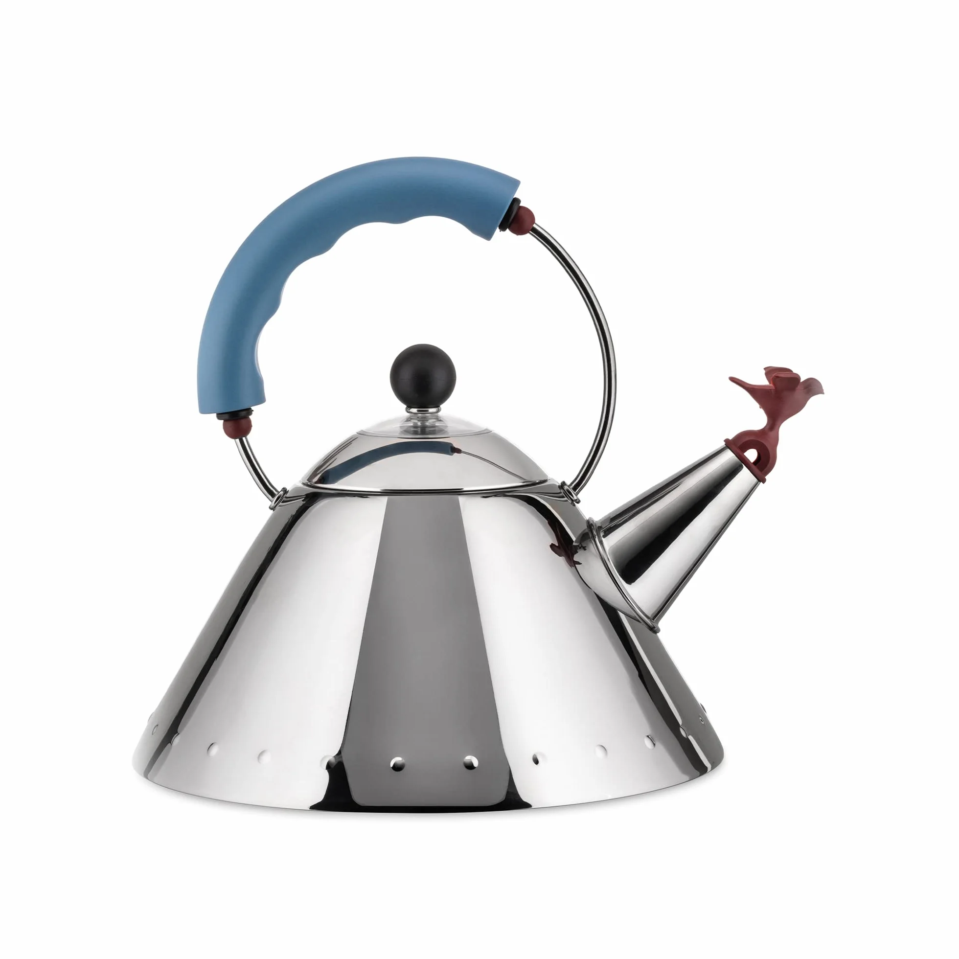 Alessi - 9093 - Bouilloire en Acier Inoxydable 18/10 Brillant avec Poignée et Sifflet-Oisillon - Bleu Clair